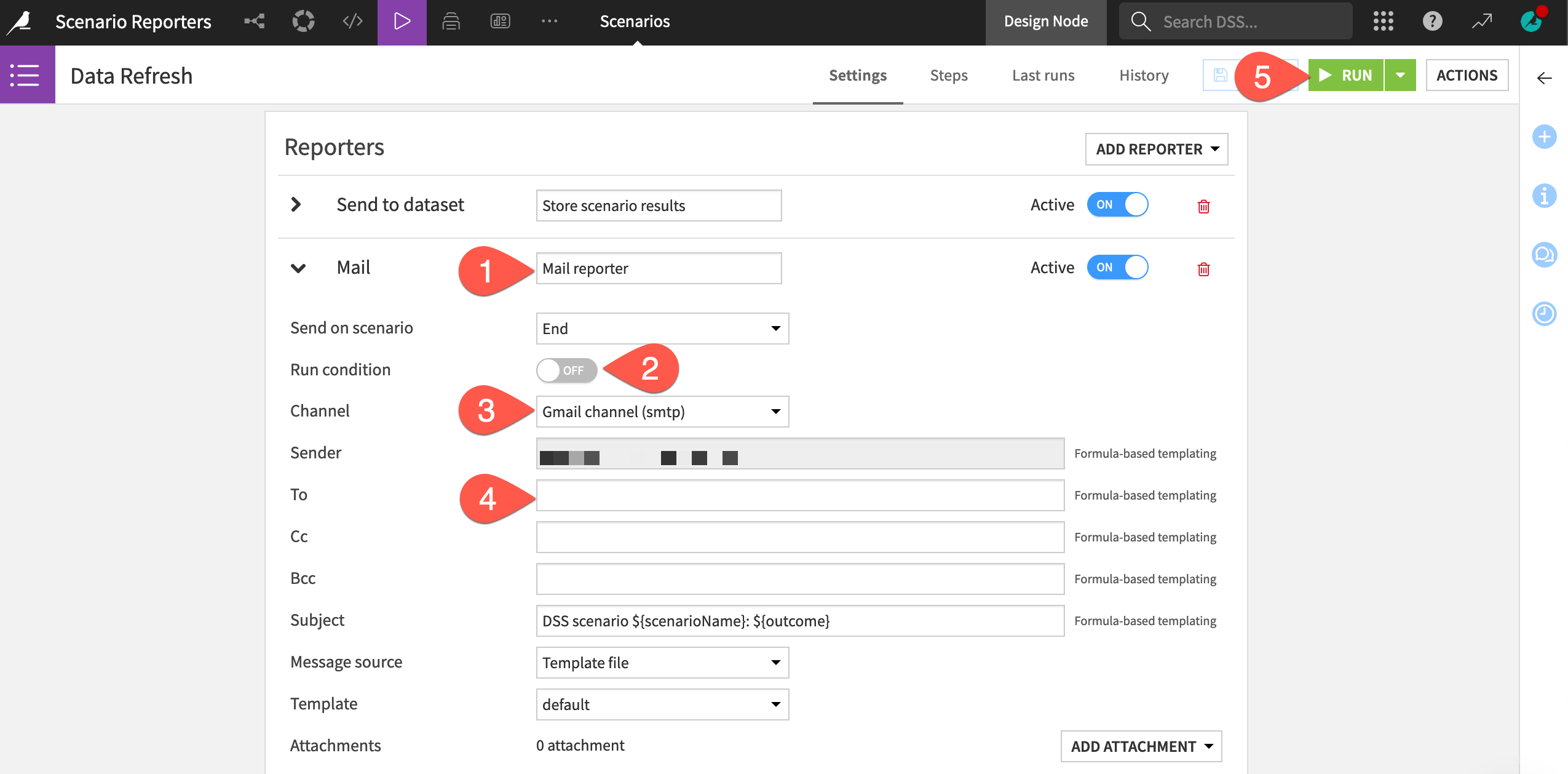 Dataiku screenshot of the settings for a mail reporter.