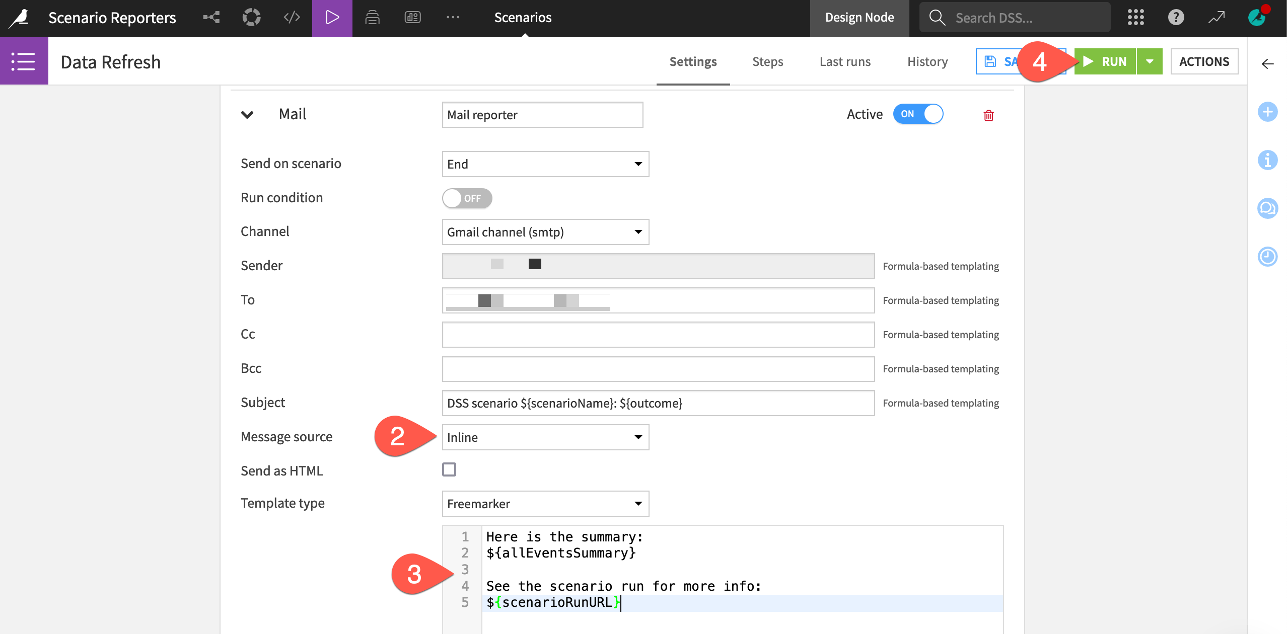 Dataiku screenshot of a scenario reporter with an inline message.