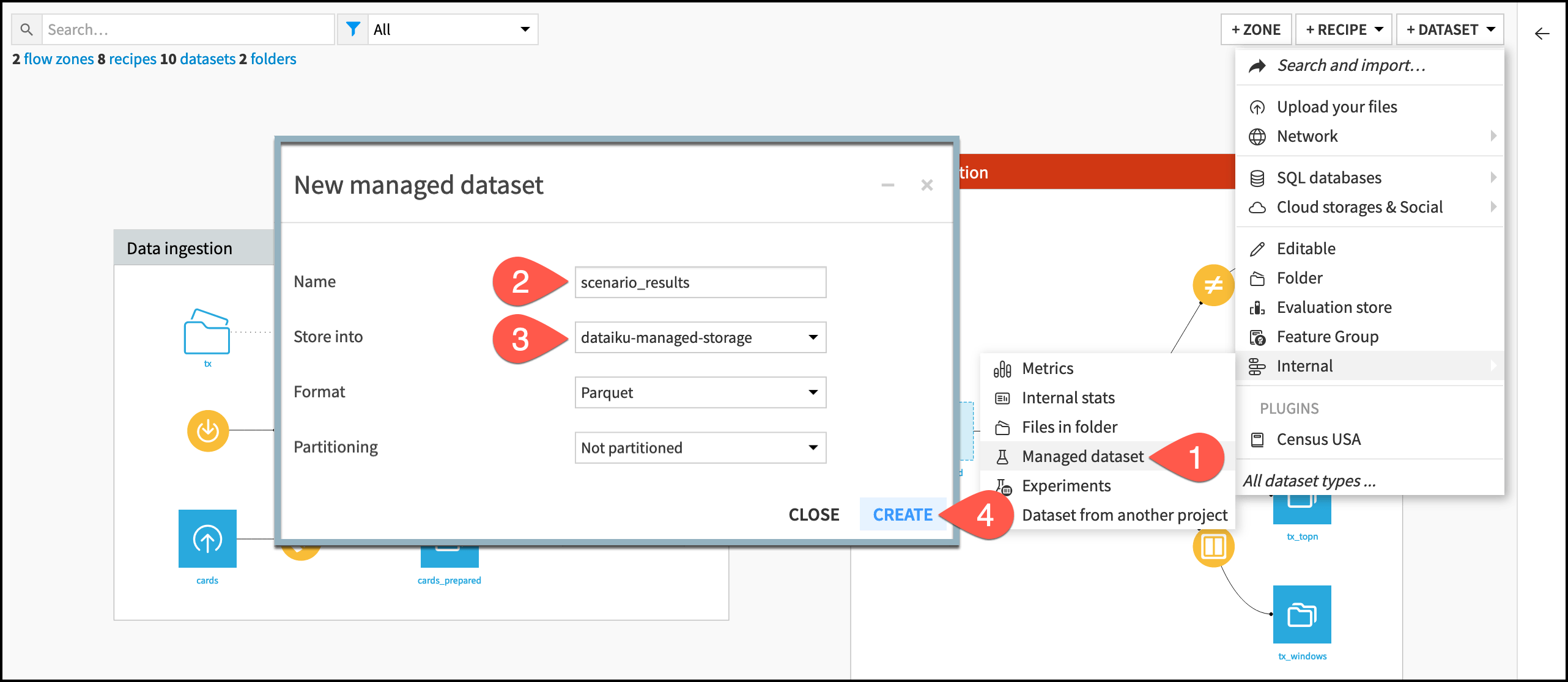 Dataiku screenshot of the dialog to create a managed dataset.