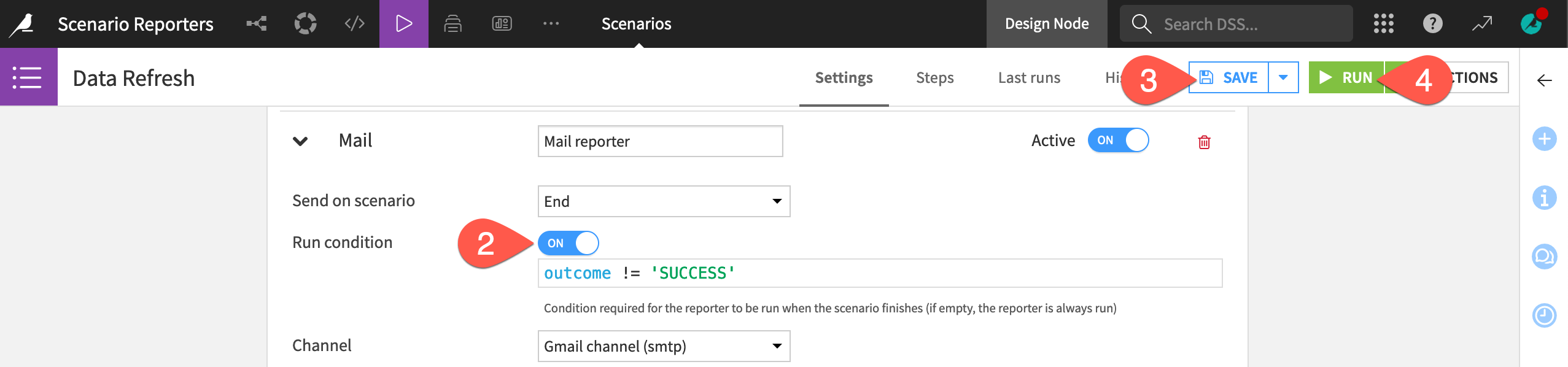 Dataiku screenshot of the run condition of a scenario mail reporter.