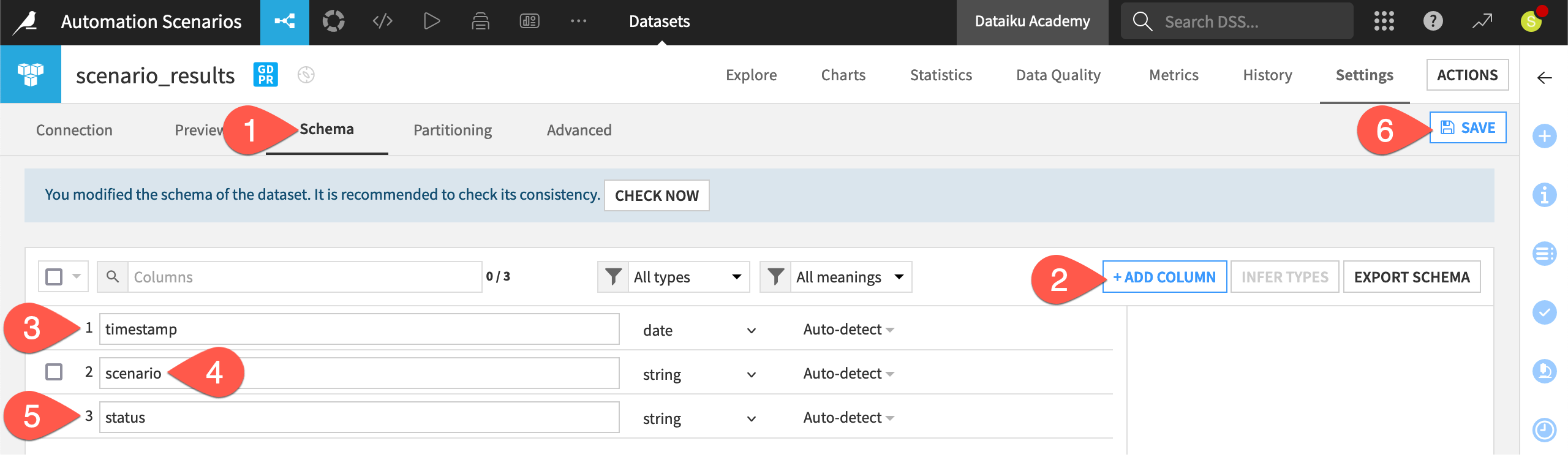 Dataiku screenshot of the schema tab of a Dataiku dataset to receive scenario results.