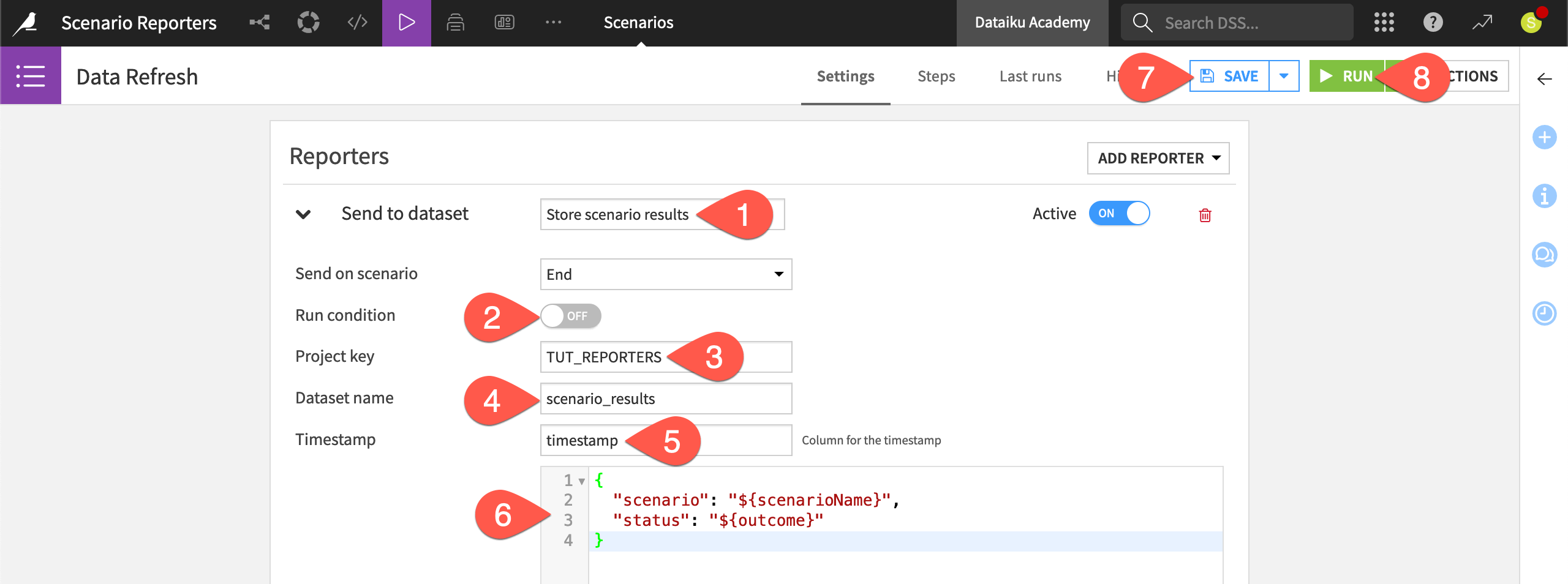 Dataiku screenshot of a Send to dataset reporter.