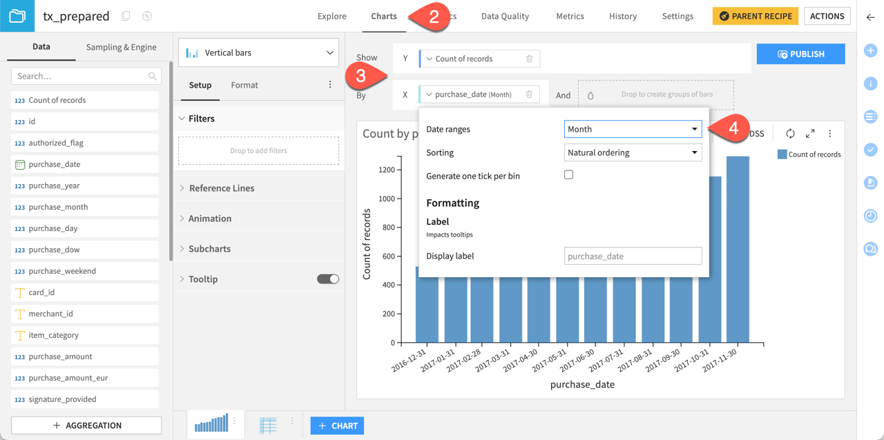 Dataiku screenshot of the vertical bars chart created.