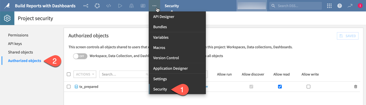 Dataiku screenshot of the Project security page.