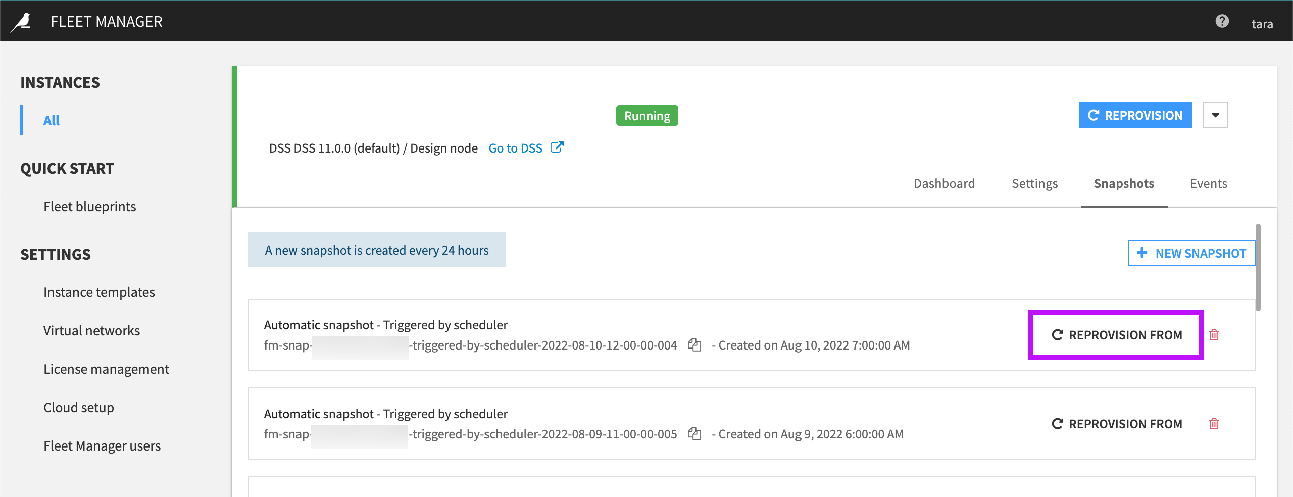 Reprovision a DSS instance from a snapshot in the Snapshots tab in Fleet Manager.