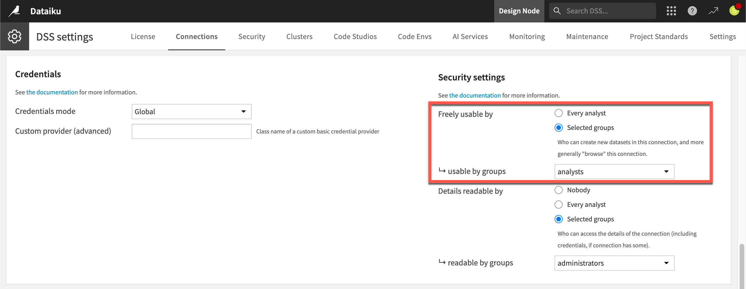 Dataiku screenshot of the security settings of a connection.