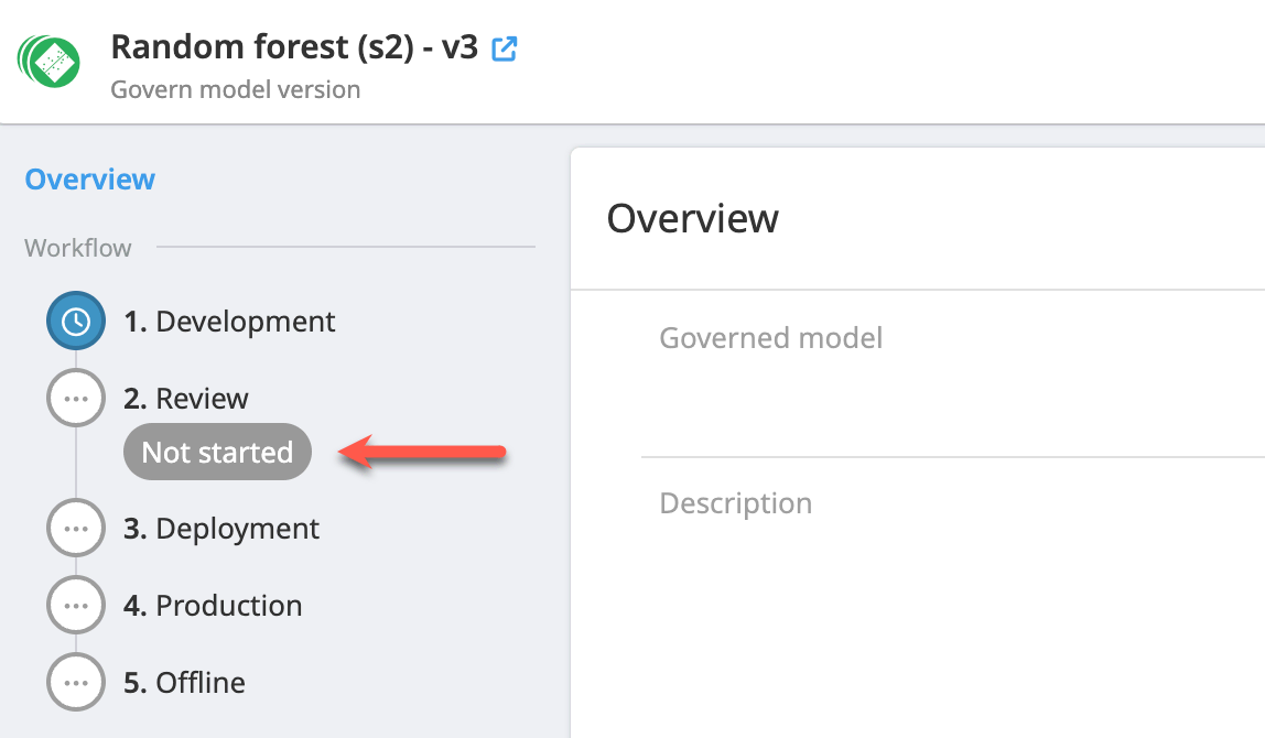 Dataiku Govern screenshot highlighting the review status in a workflow.