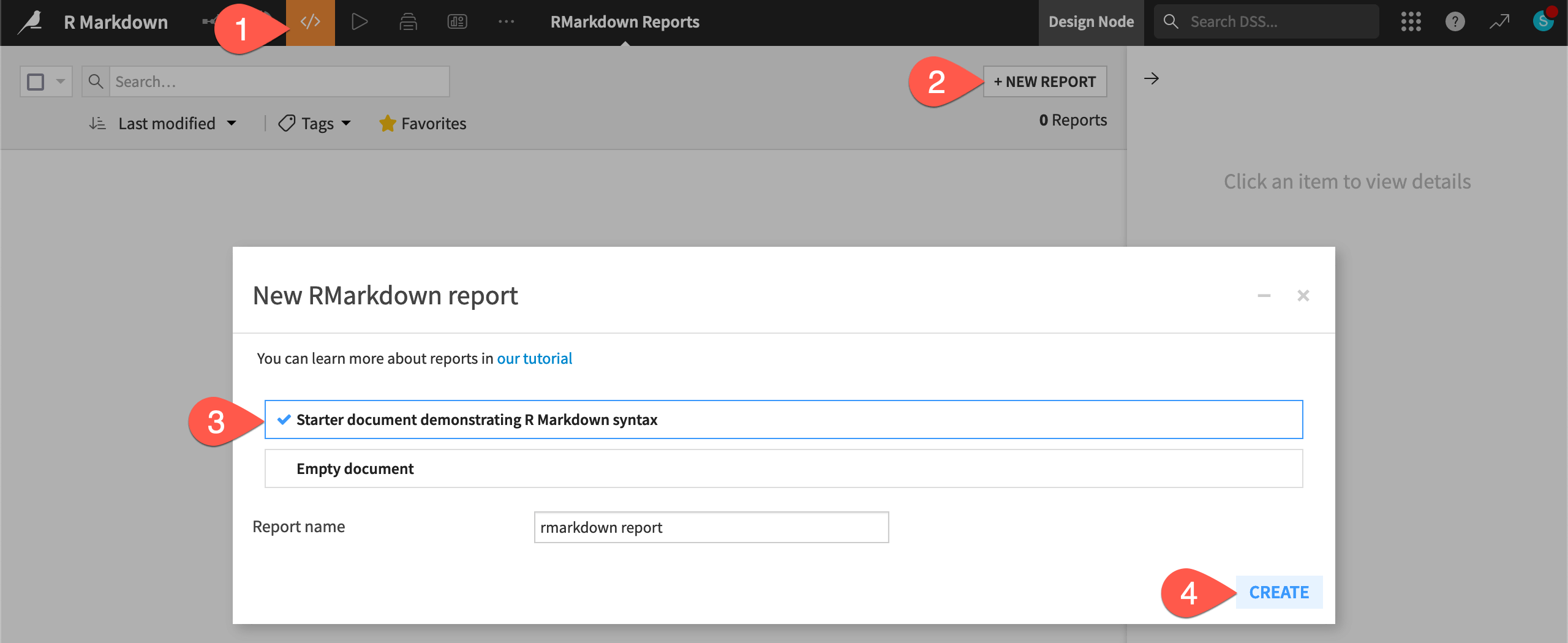 Dataiku screenshot of the dialog to create a new R Markdown report.