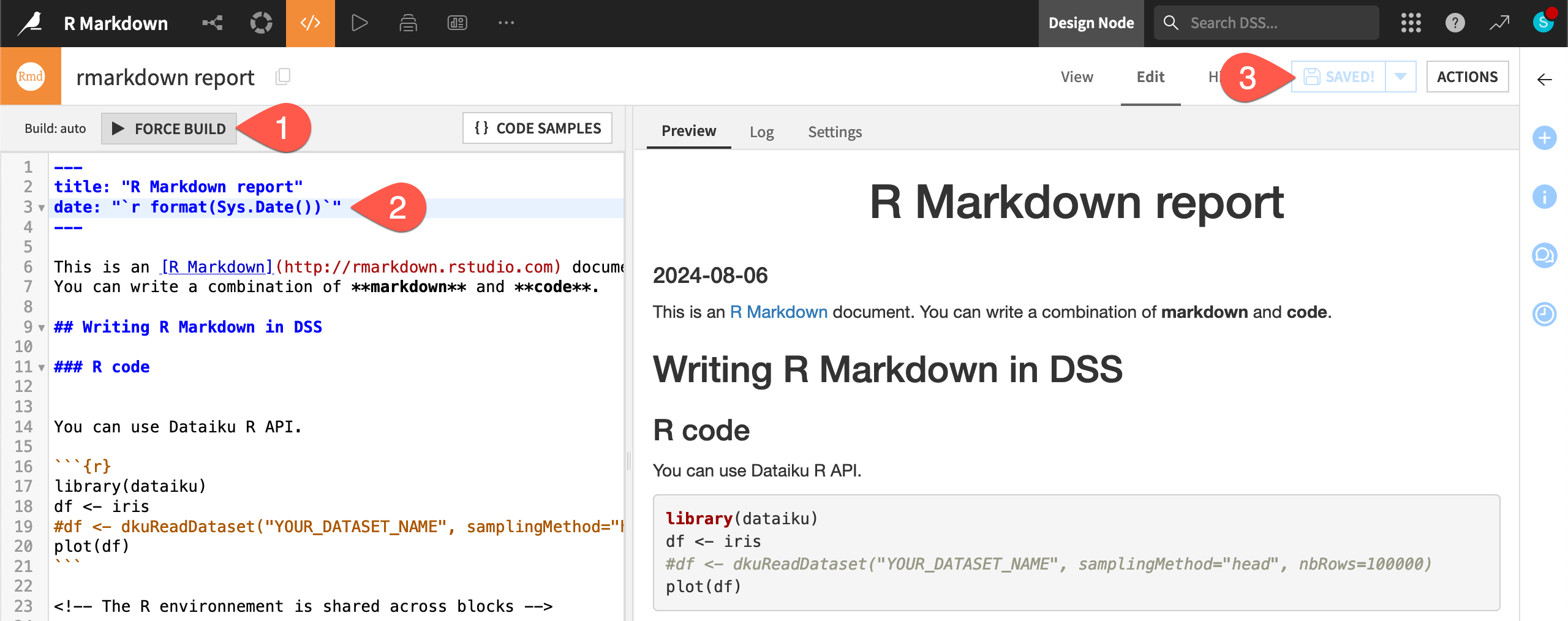 Dataiku screenshot of an R Markdown report showing the force build option.