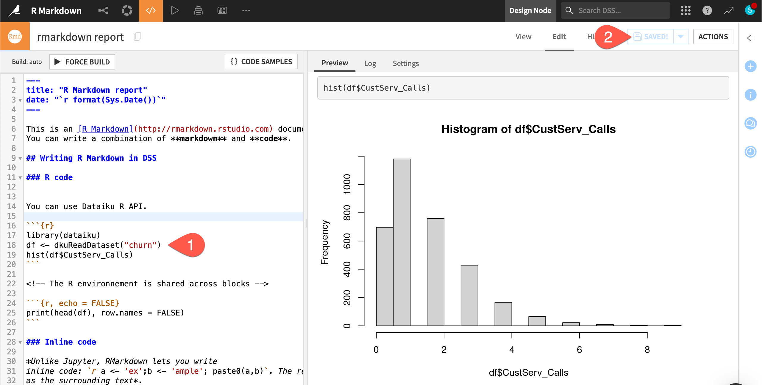 Dataiku screenshot of an R Markdown report with a histogram.