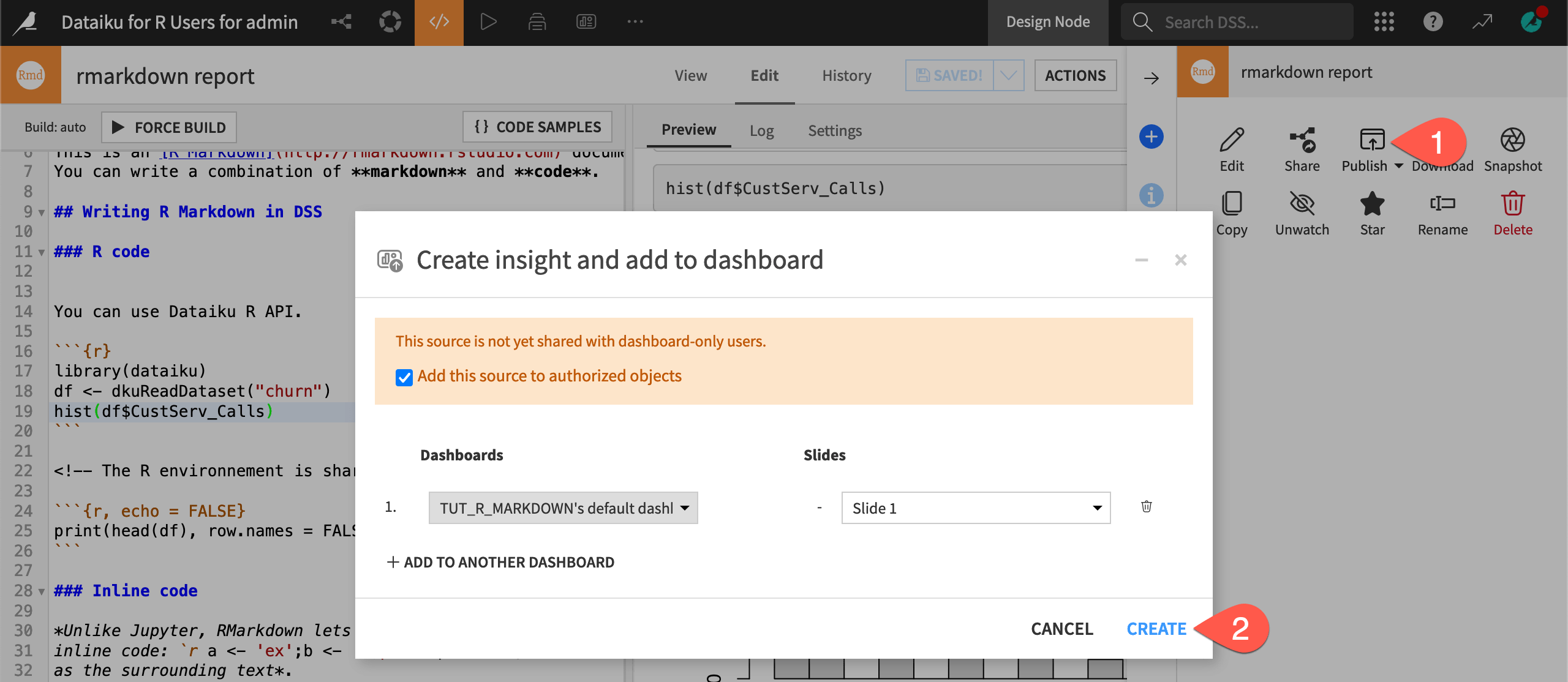 Dataiku screenshot of the dialog to publish an R Markdown report to a dashboard.