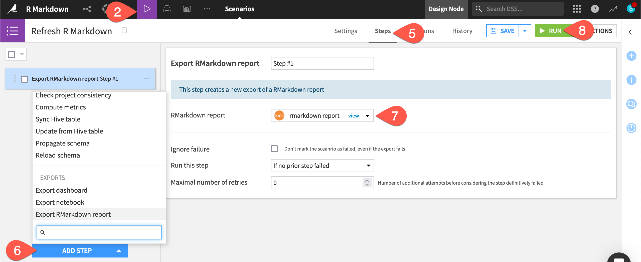 Dataiku screenshot of a scenario building an R Markdown report.