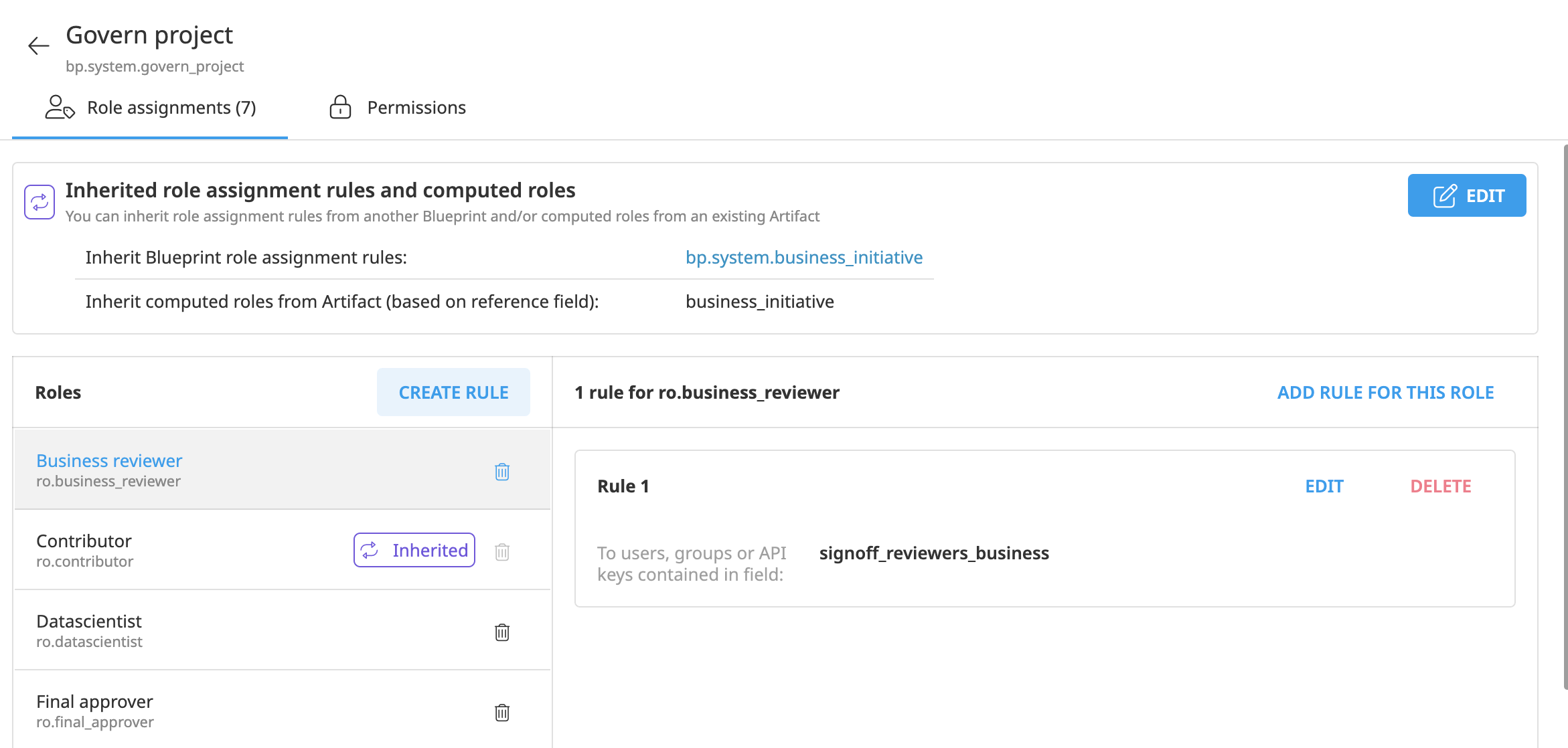 Screenshot of role assignment rules editing page on Dataiku Govern.