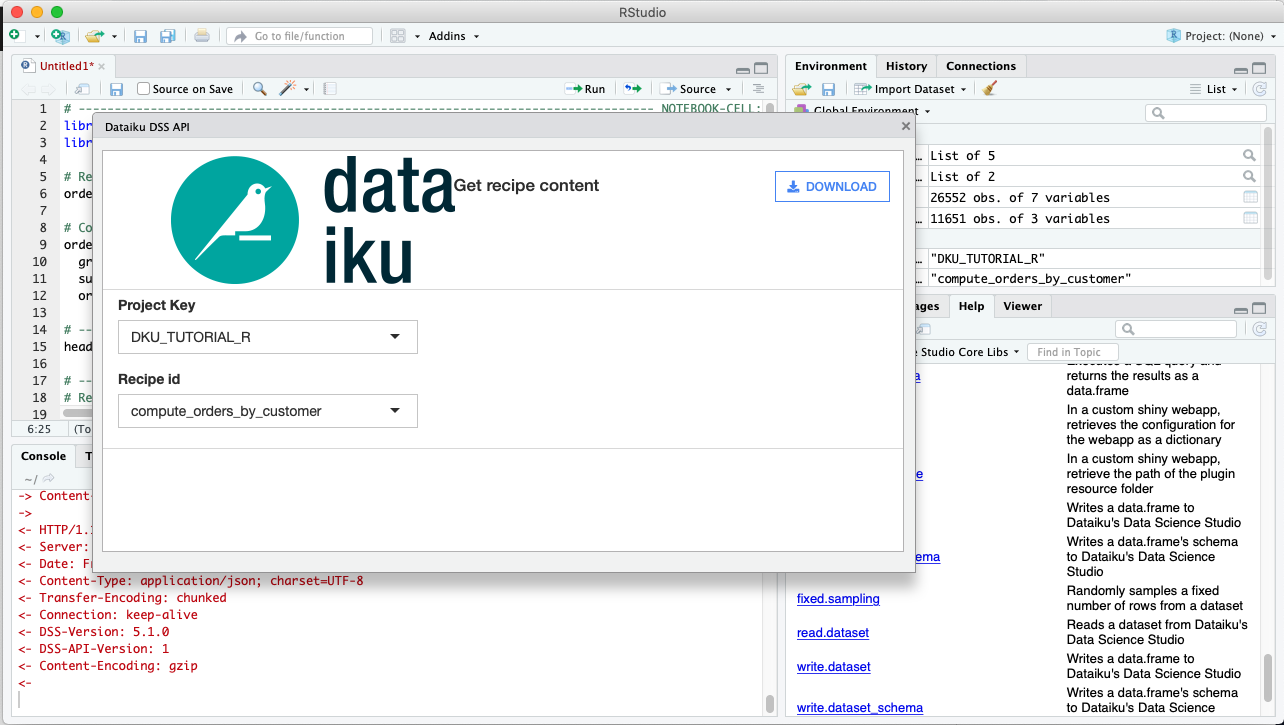 Get recipe content dialog from the Dataiku add-in for RStudio