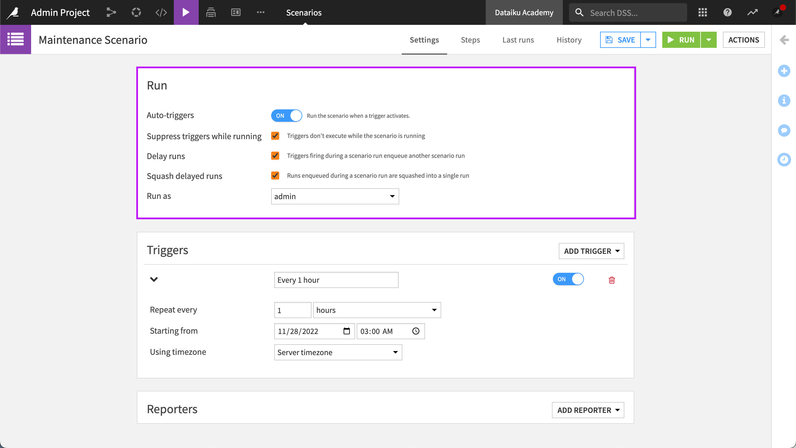 Scenario configured to auto trigger and run as admin.