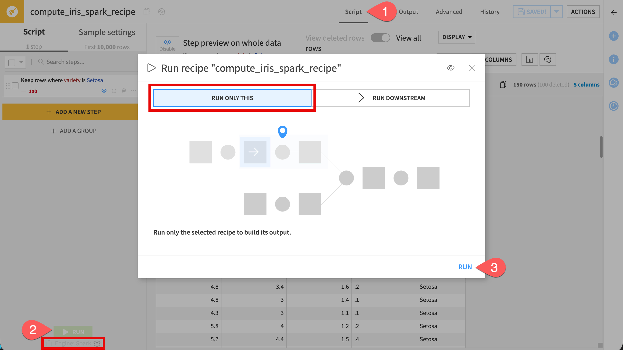 Screenshot of engine configuration in a Prepare recipe.
