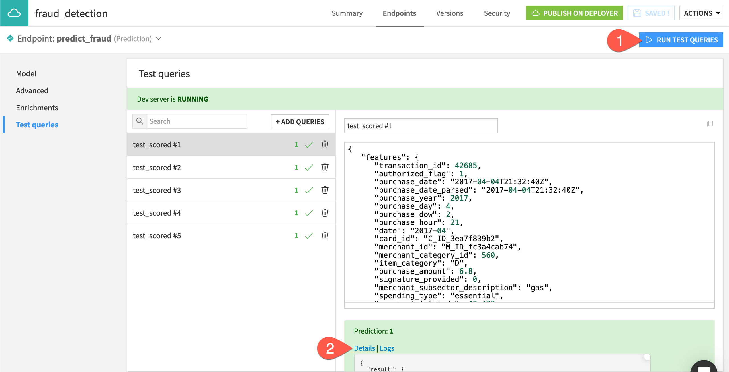 Dataiku screenshot of output from test queries.