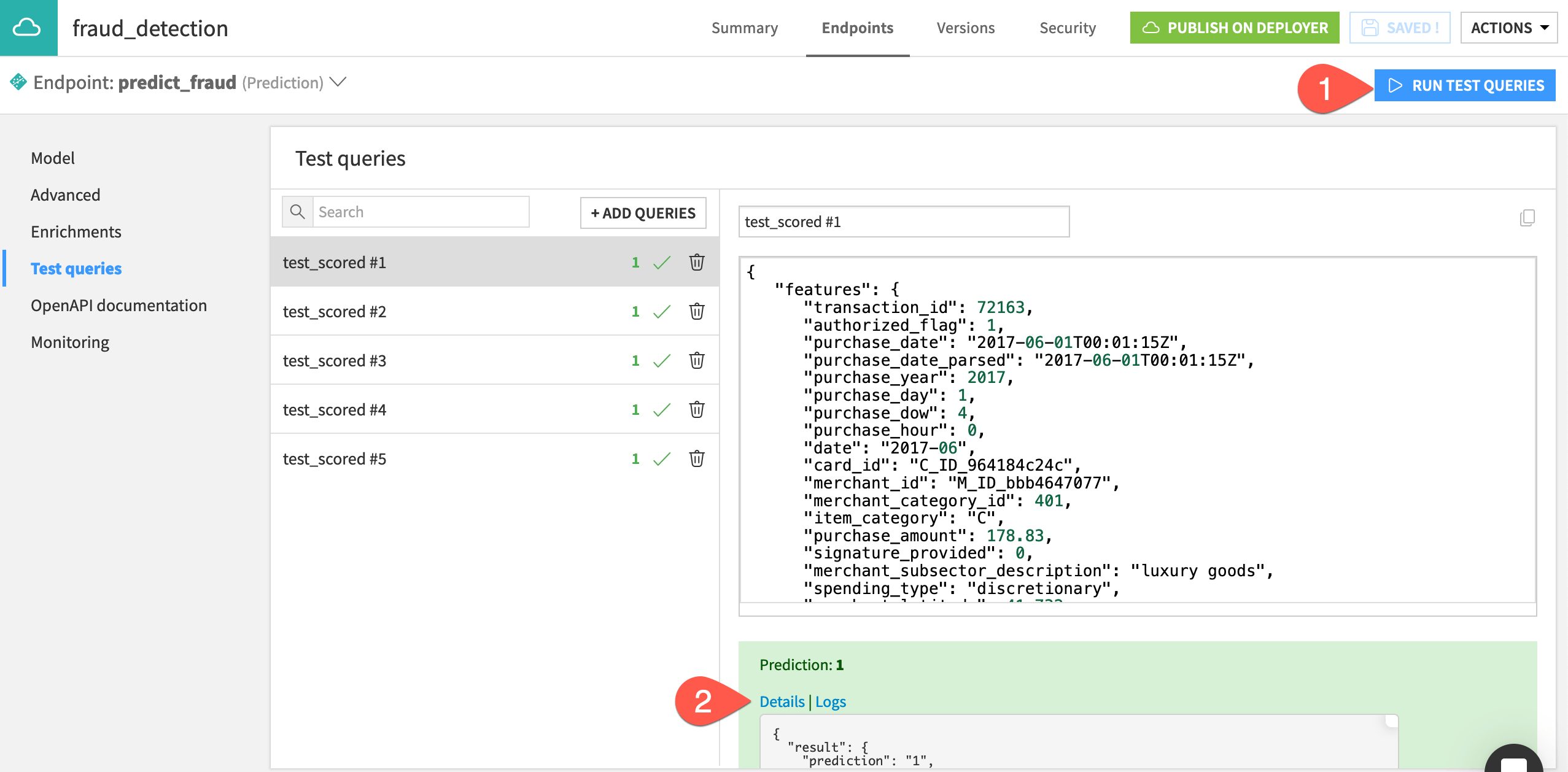 Dataiku screenshot of output from test queries.