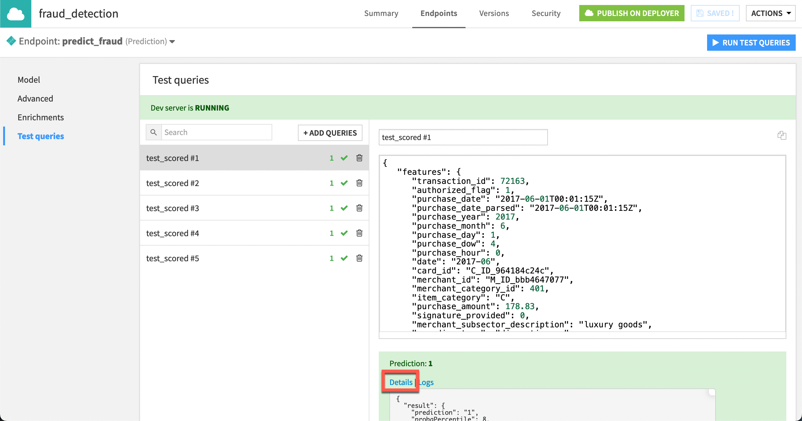 Image showing how to run test queries in the API designer.