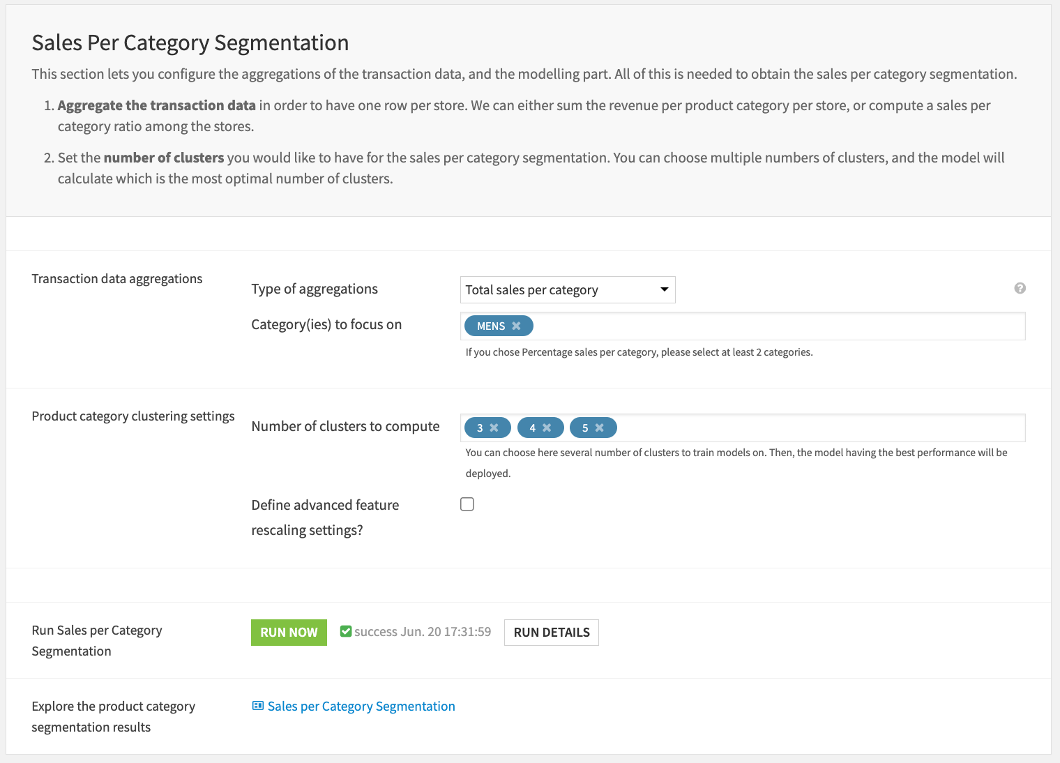 Dataiku screenshot of the Sales per Category Segmentation section of the Project Setup for Store Segmentation