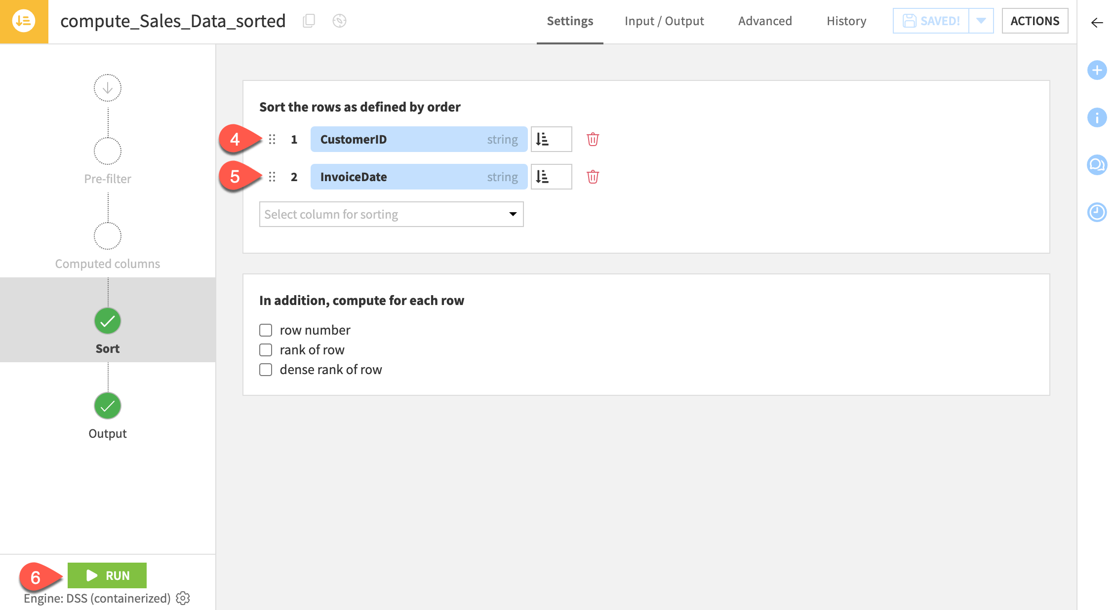 Dataiku screenshot of the Sort configuration for the cumulate sum use case.