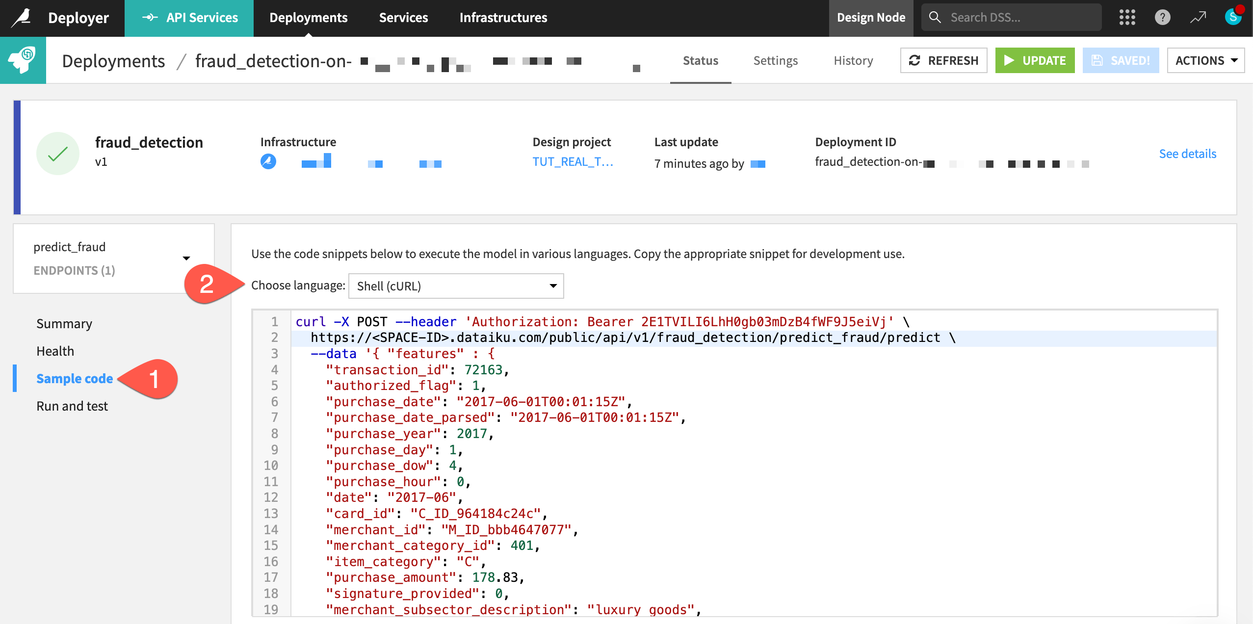 Dataiku screenshot of the sample code tab to test a prediction endpoint.