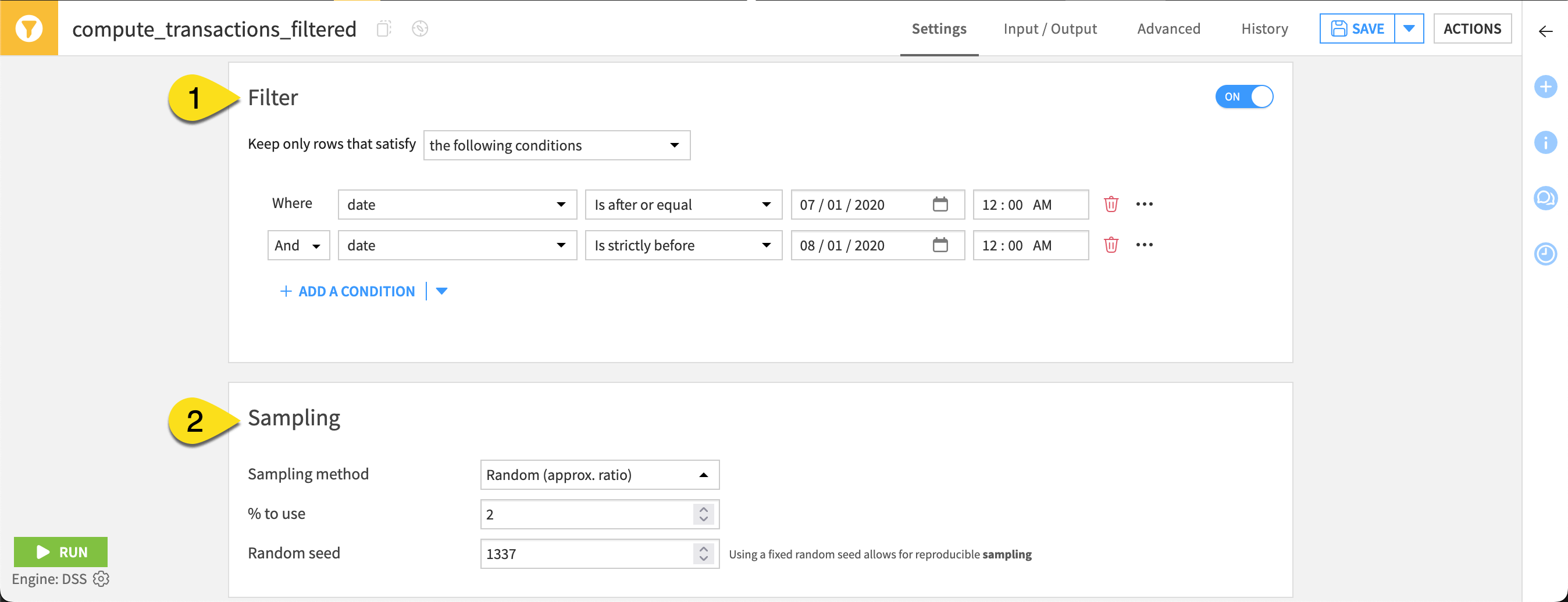 Dataiku screenshot of the configuration of a Sample/Filter recipe.