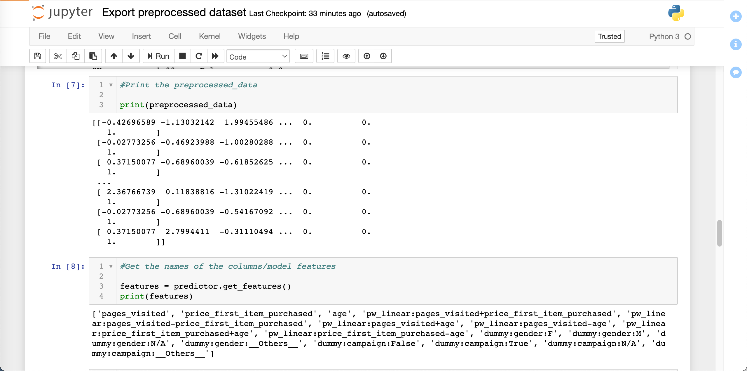 Printing the preprocessed data in a cell in a Jupyter notebook.