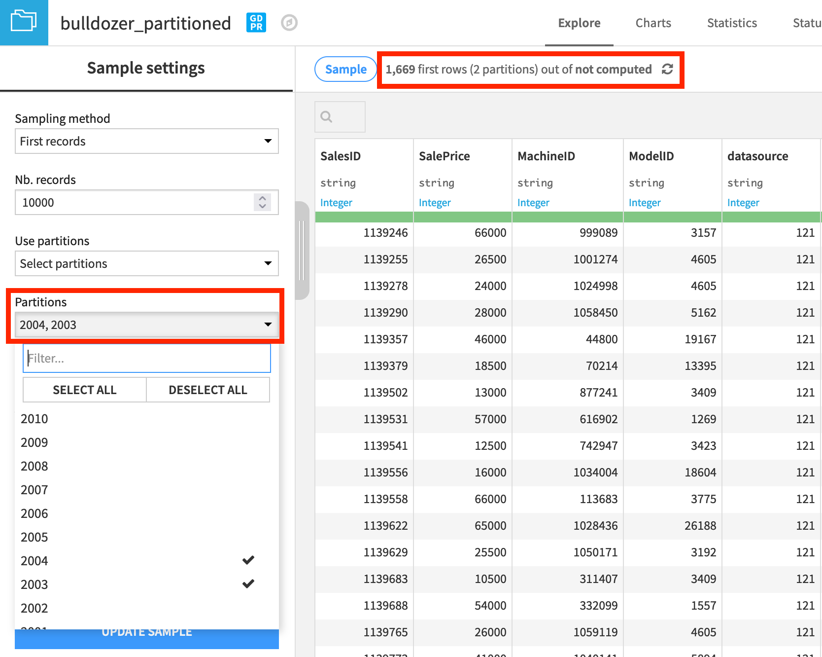 Selecting desired partitions in the Sampling pane.