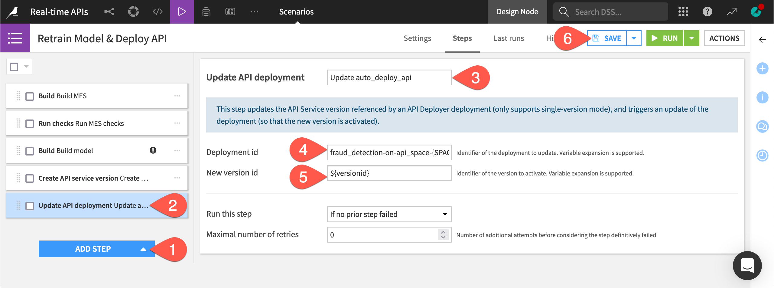 Dataiku screenshot of a scenario step to update an API deployment.