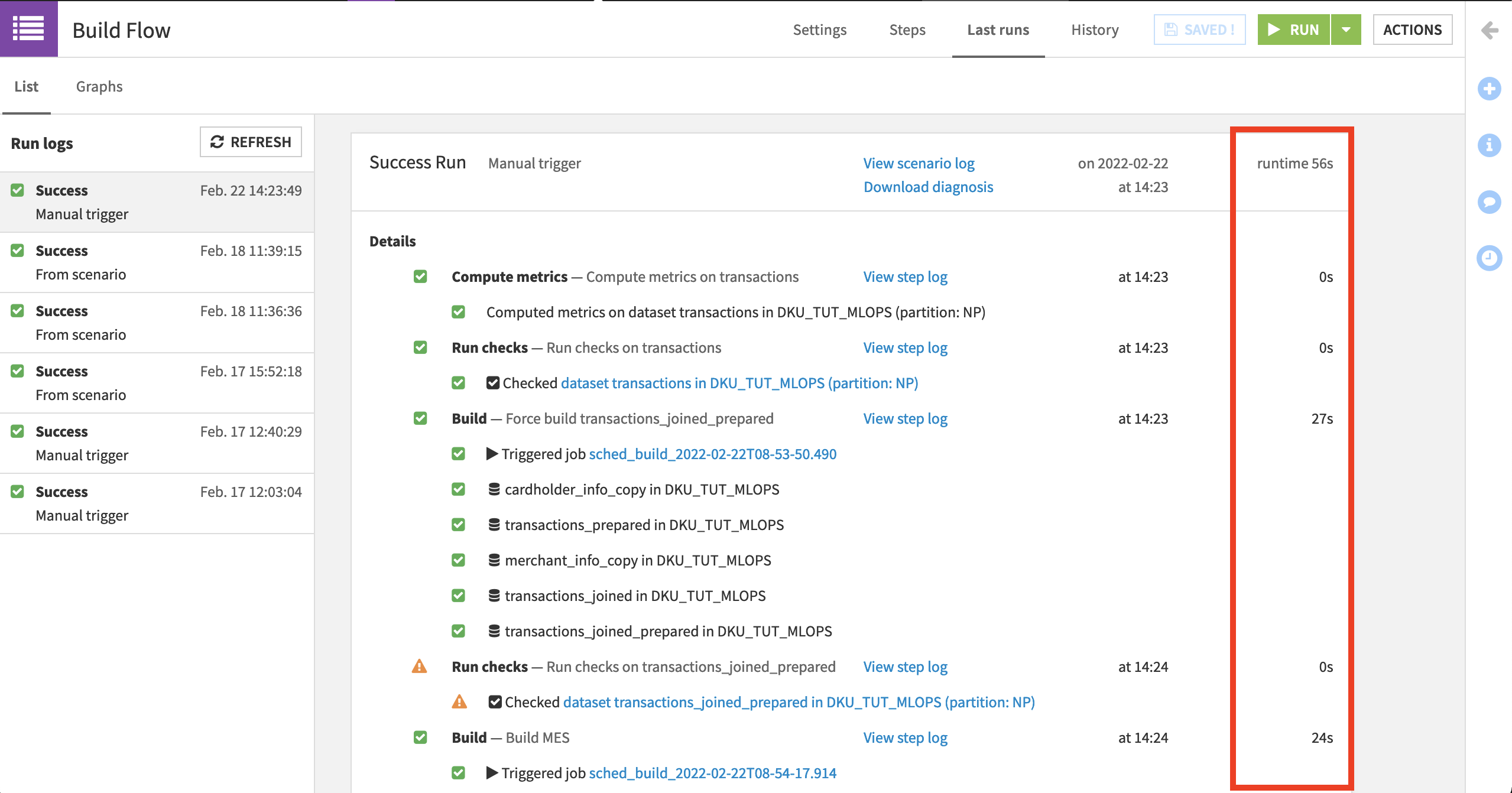 Dataiku screenshot of the last runs tab of a scenario.