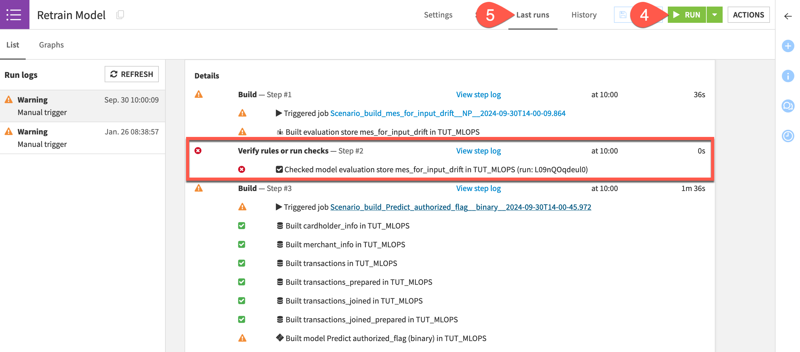 Dataiku screenshot of the last runs tab of the model retrain scenario.