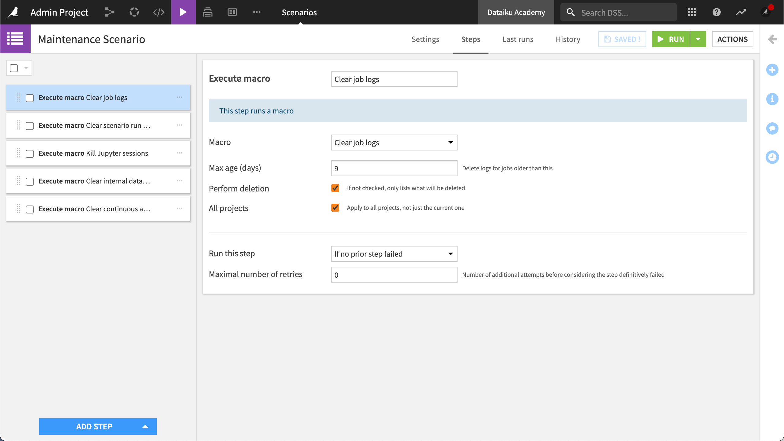 Automation scenario with steps to execute maintenance macros on all projects on the instance.