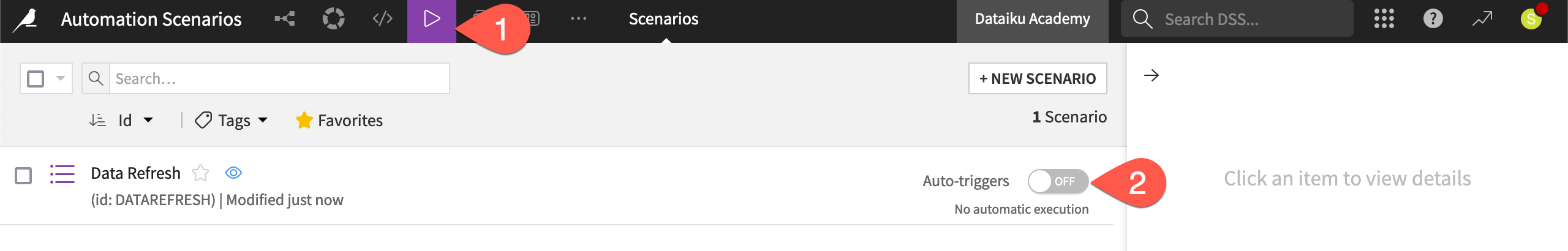 Dataiku screenshot of the scenarios page showing auto-triggers off.