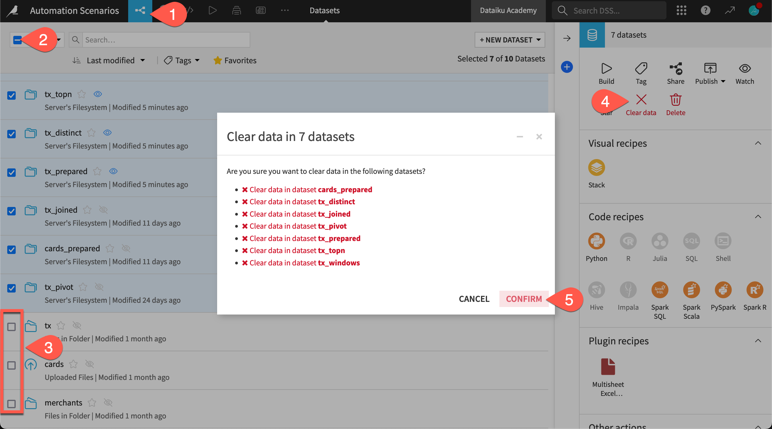 Dataiku screenshot of the dialog for clearing data.