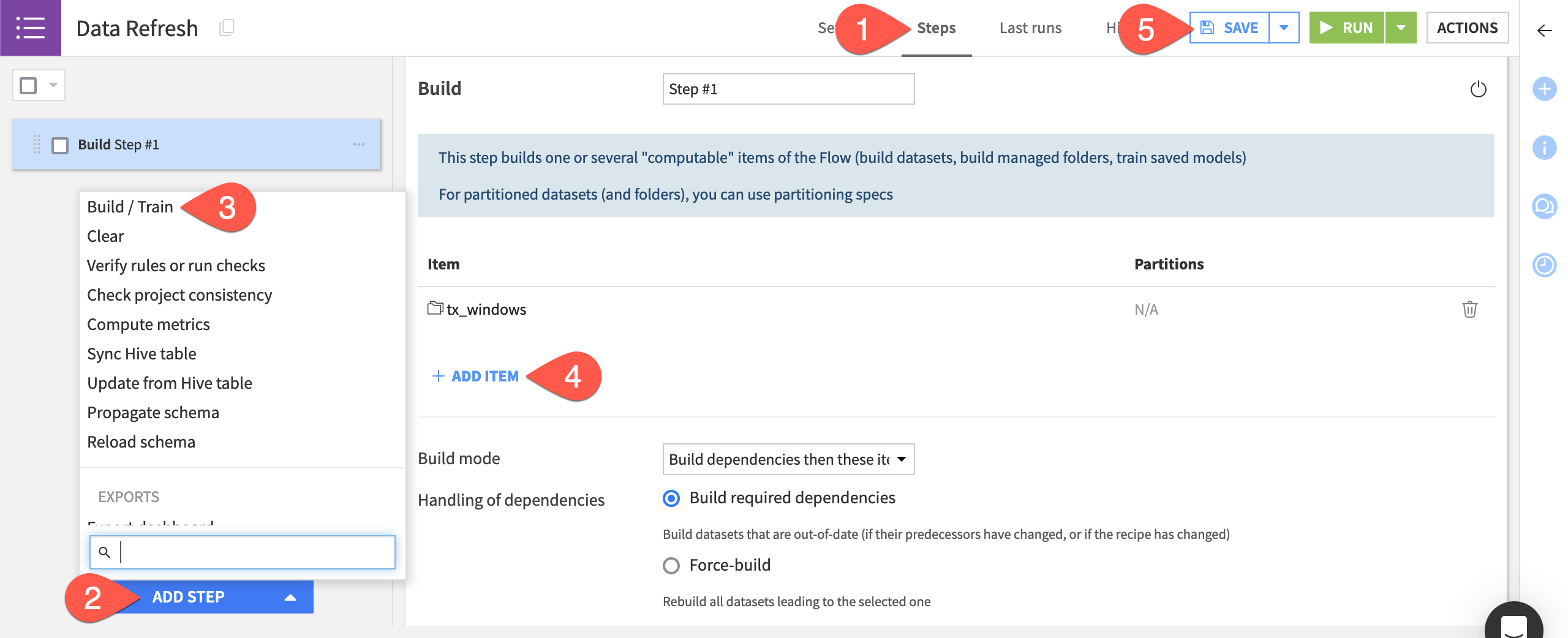 Dataiku screenshot of the steps tab of a scenario.