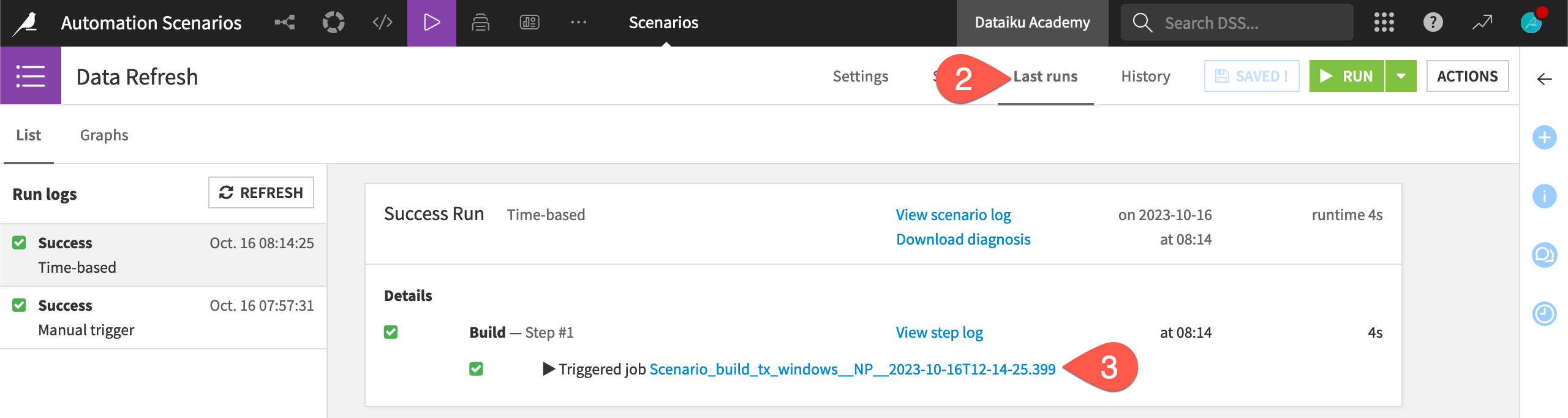 Dataiku screenshot of the Last runs tab of a scenario.