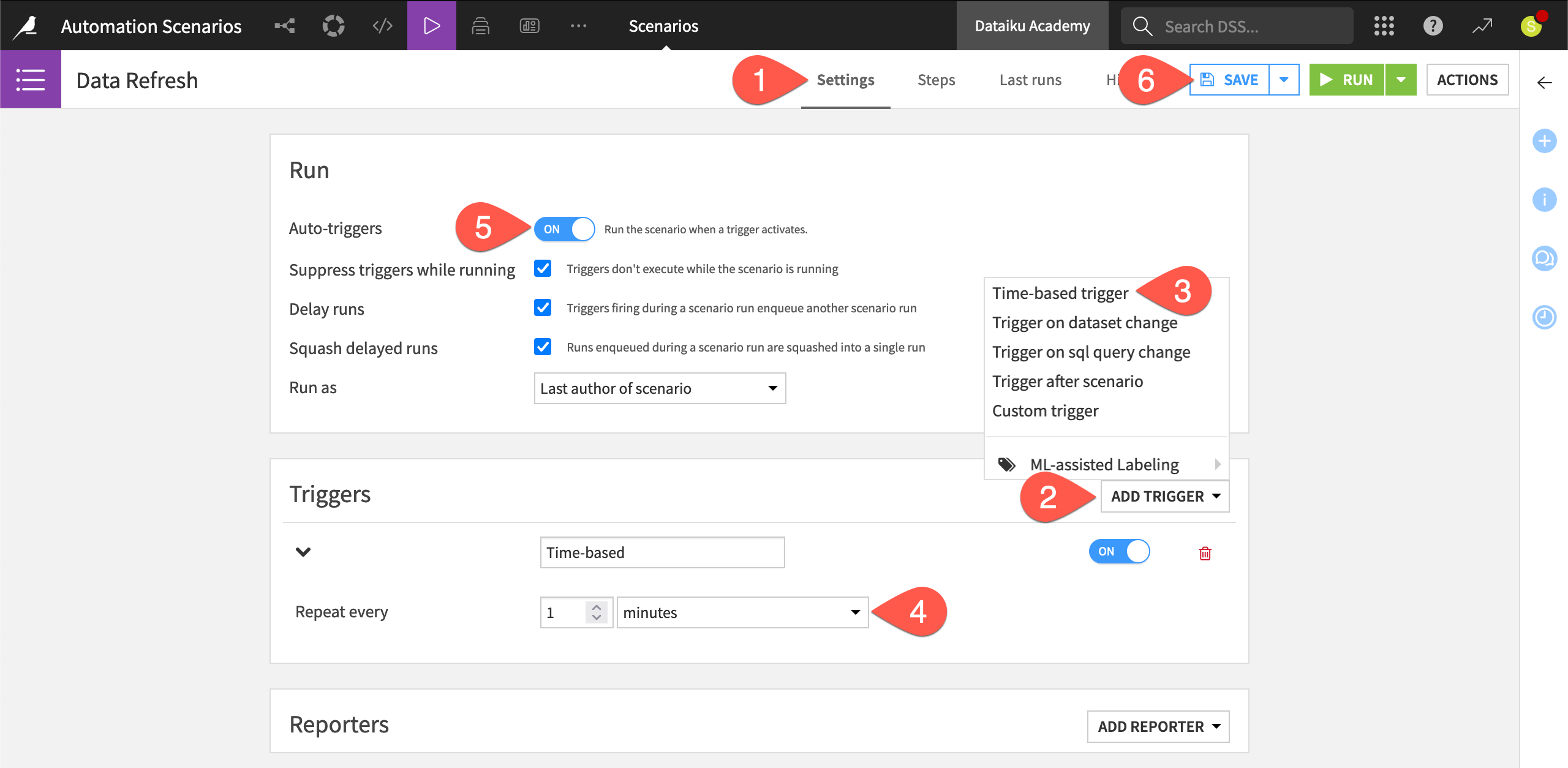 Dataiku screenshot of the settings tab of a scenario.
