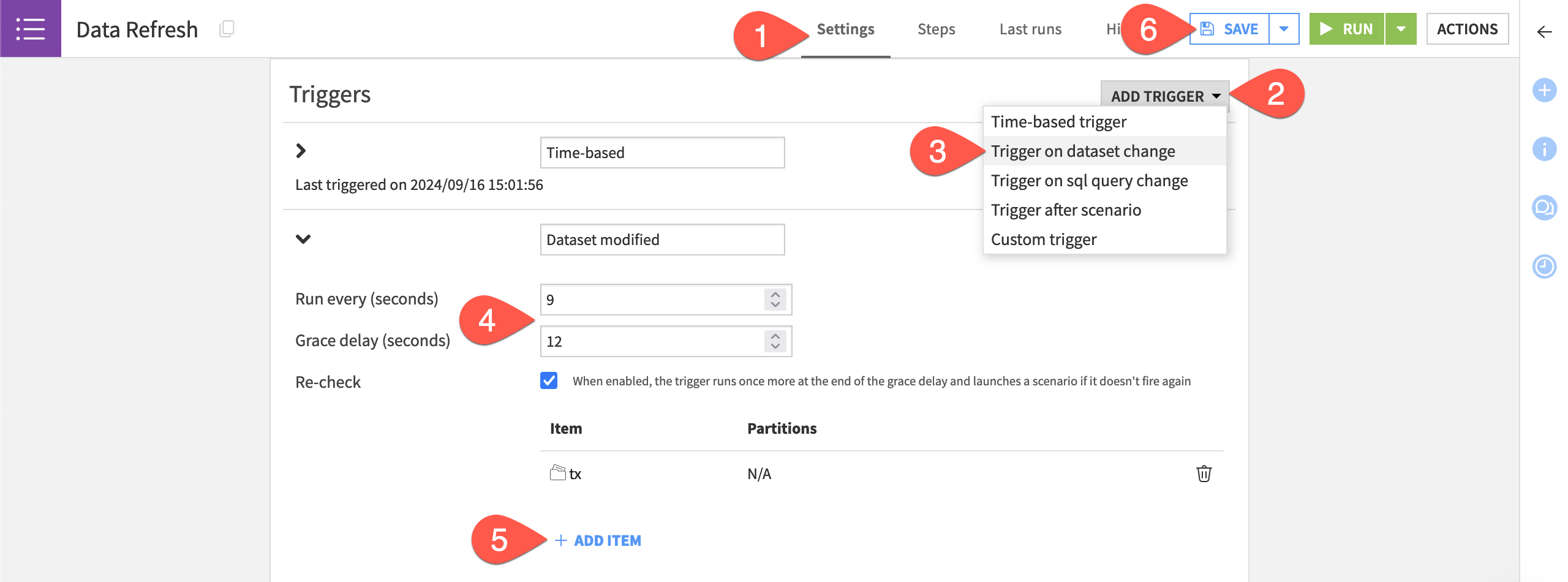 Dataiku screenshot of the settings tab of a scenario.