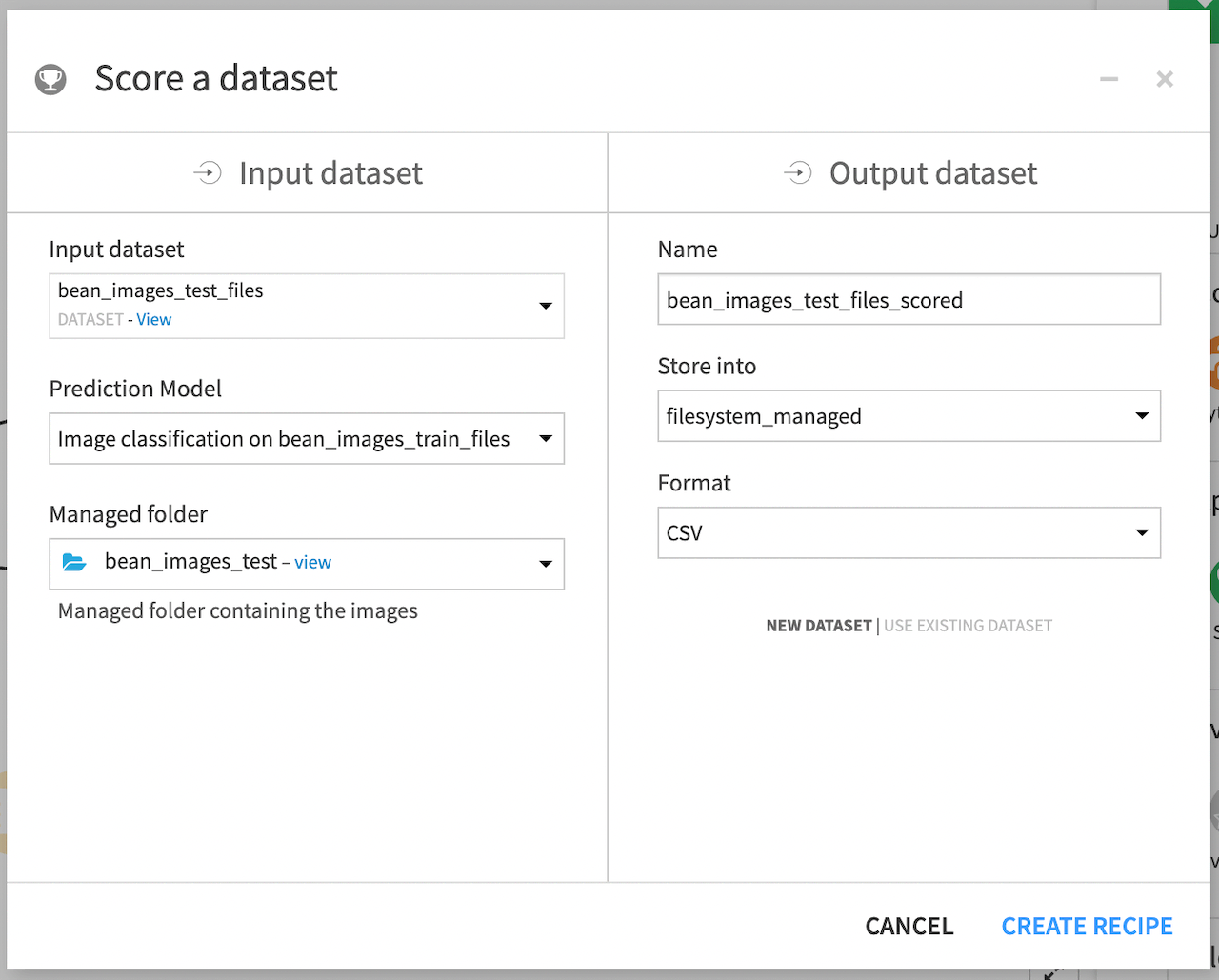 Screenshot showing the Score a dataset info window.