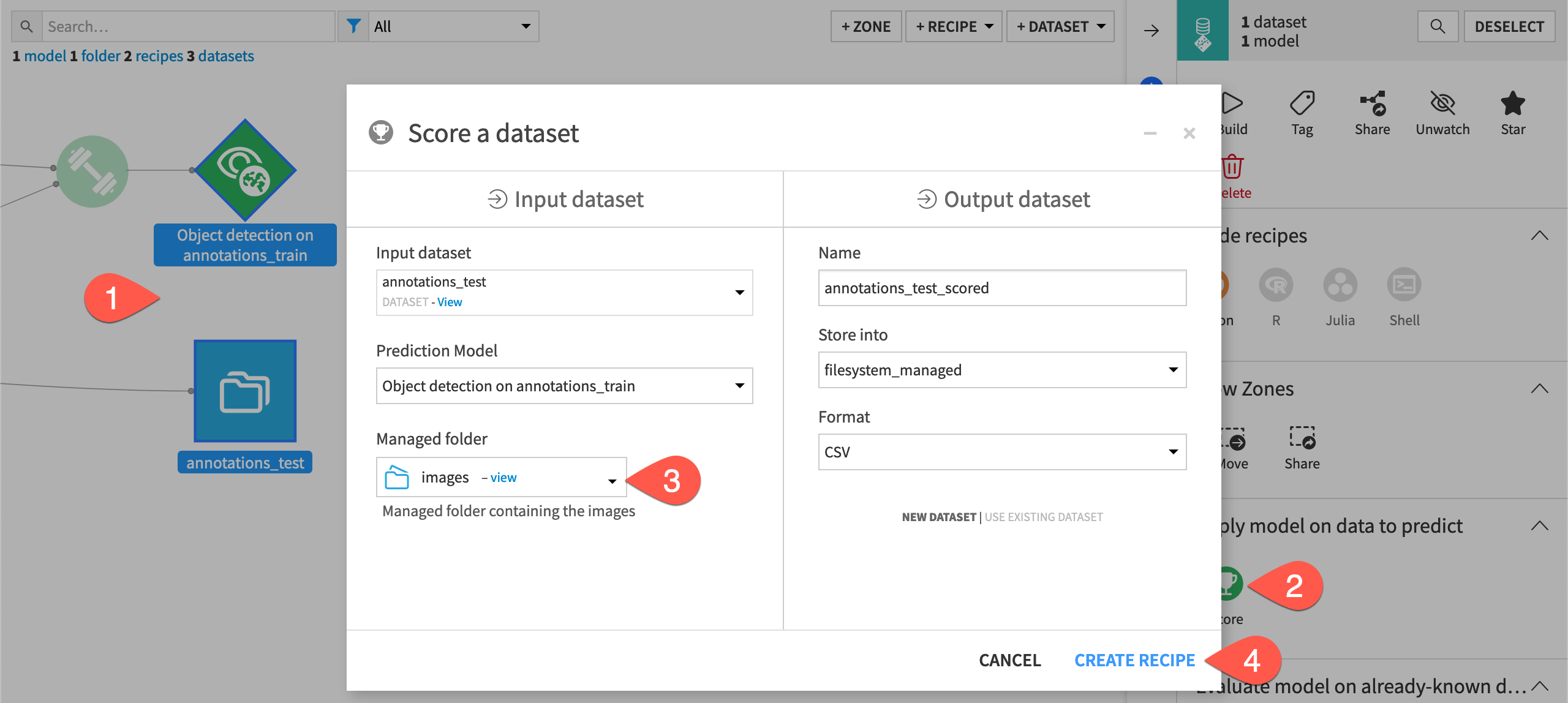 Screenshot showing the Score a dataset info window.