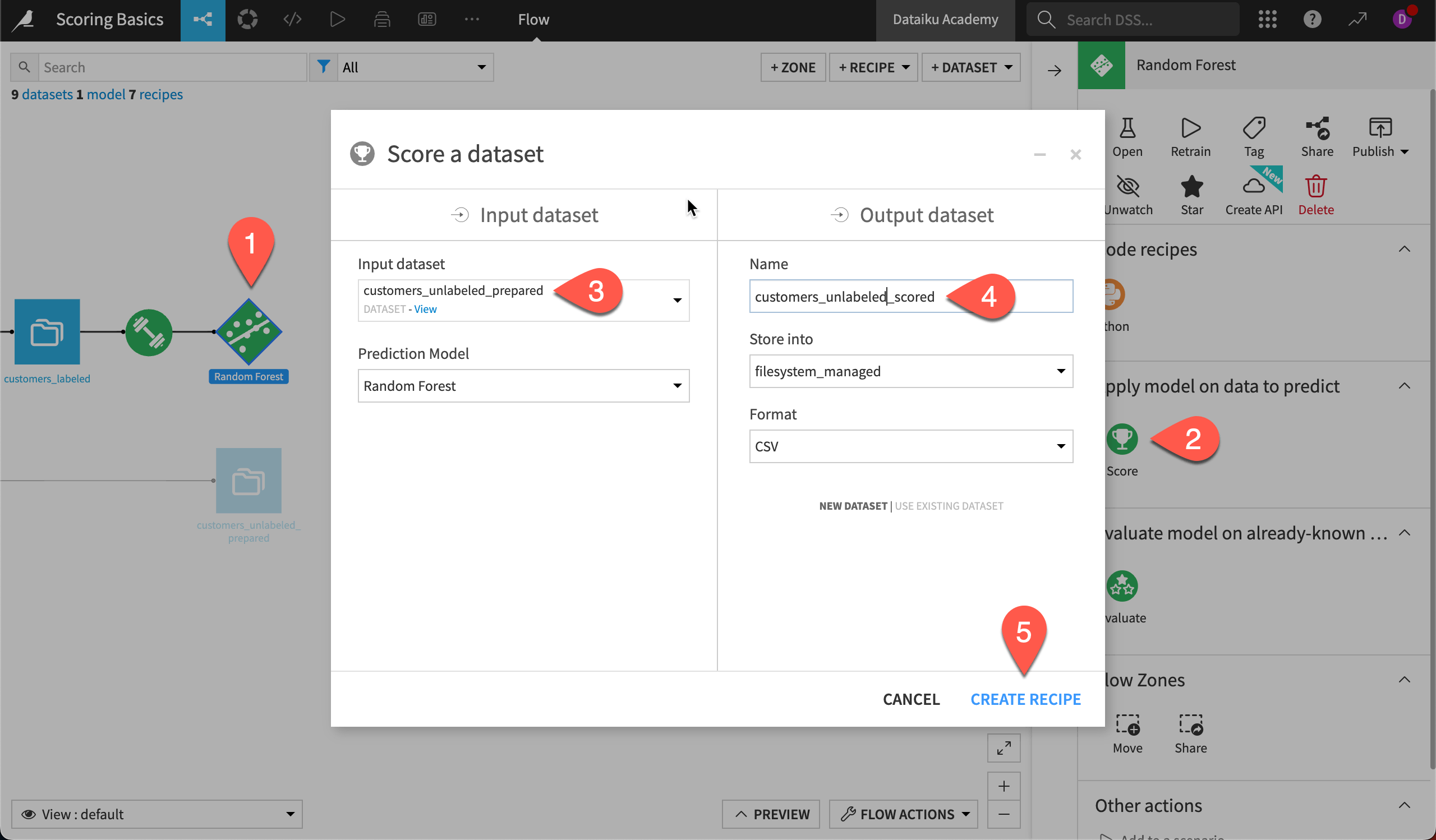 Deployed model in the Flow with available actions including the Score recipe.