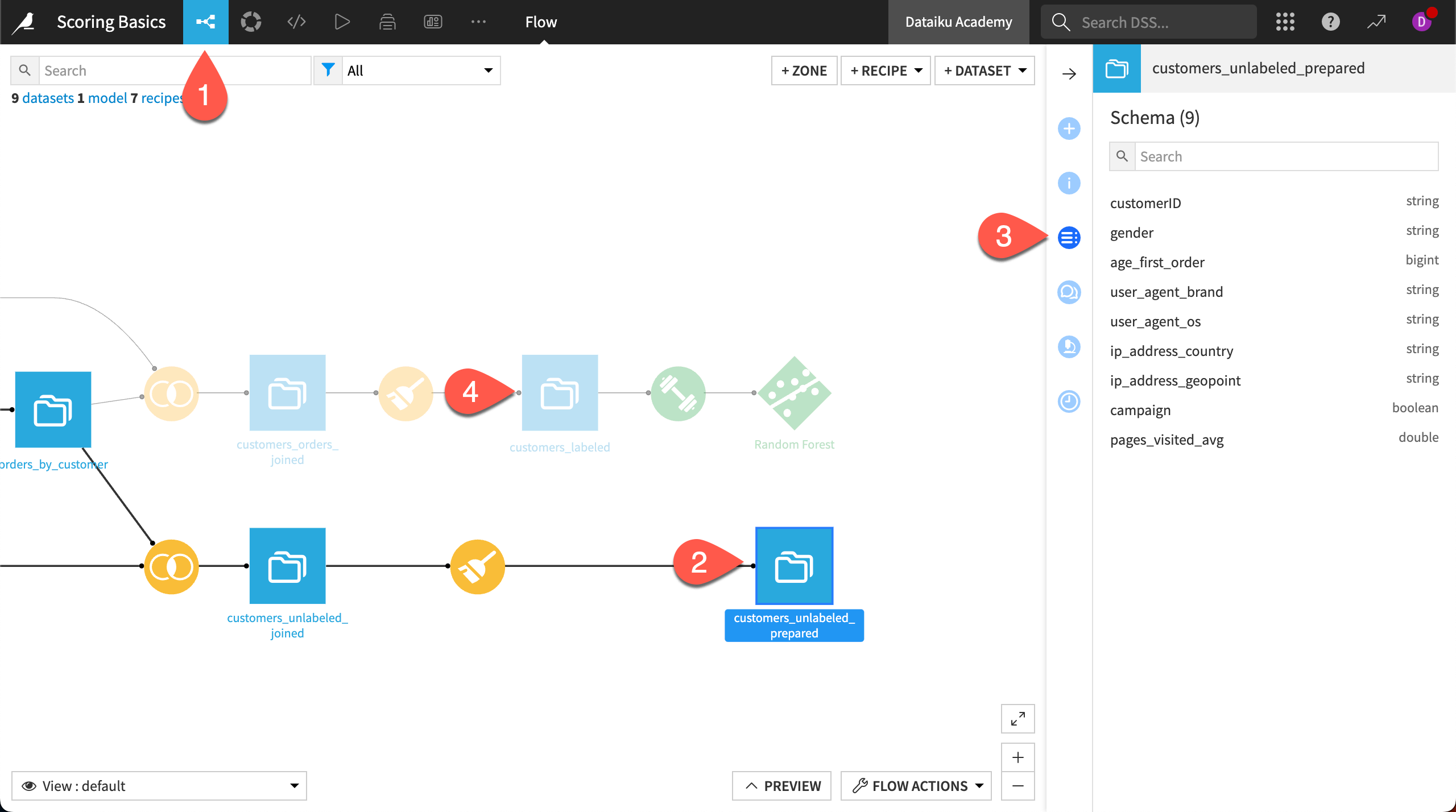 Dataiku screenshot of the schema of data to be scored.