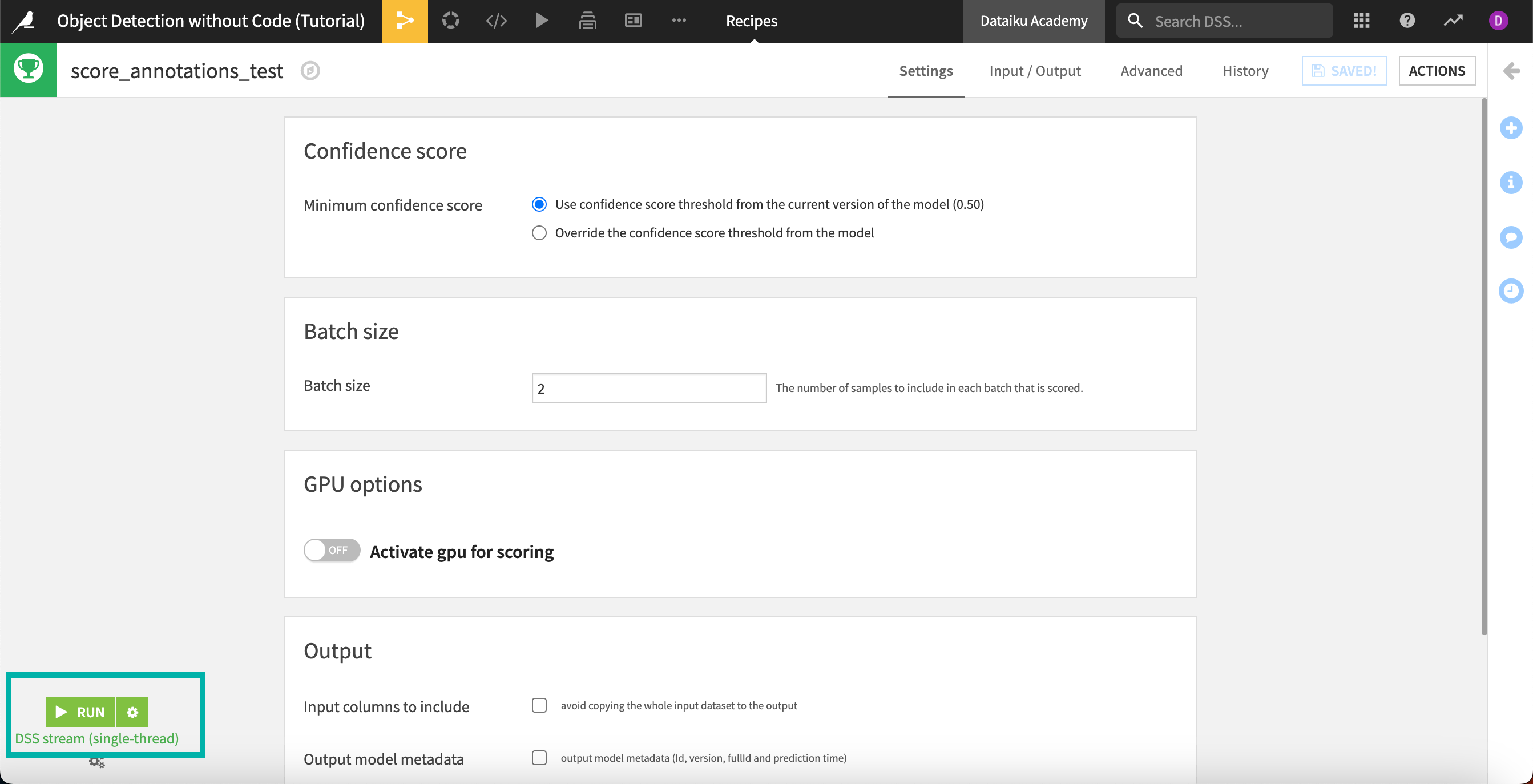 Screenshot showing the scoring recipe settings.