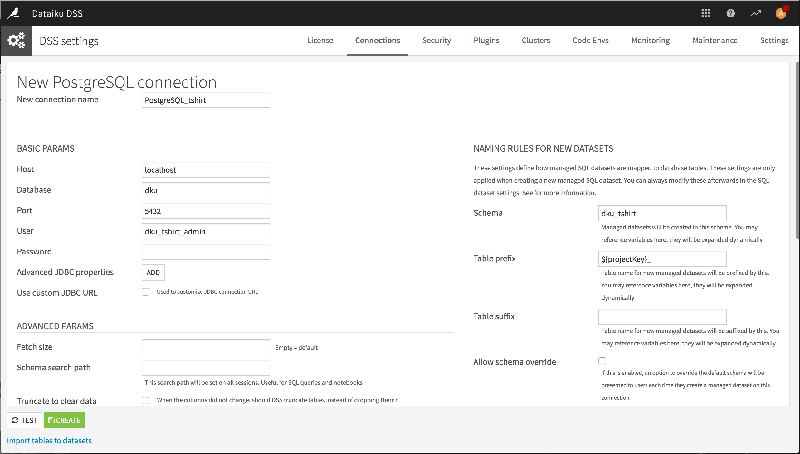 Create an SQL connection on the new PostgreSQL connection screen.