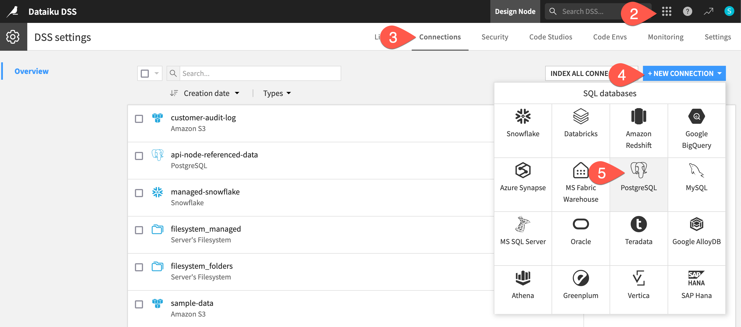 Many different SQL database connections are available in the New Connection menu.