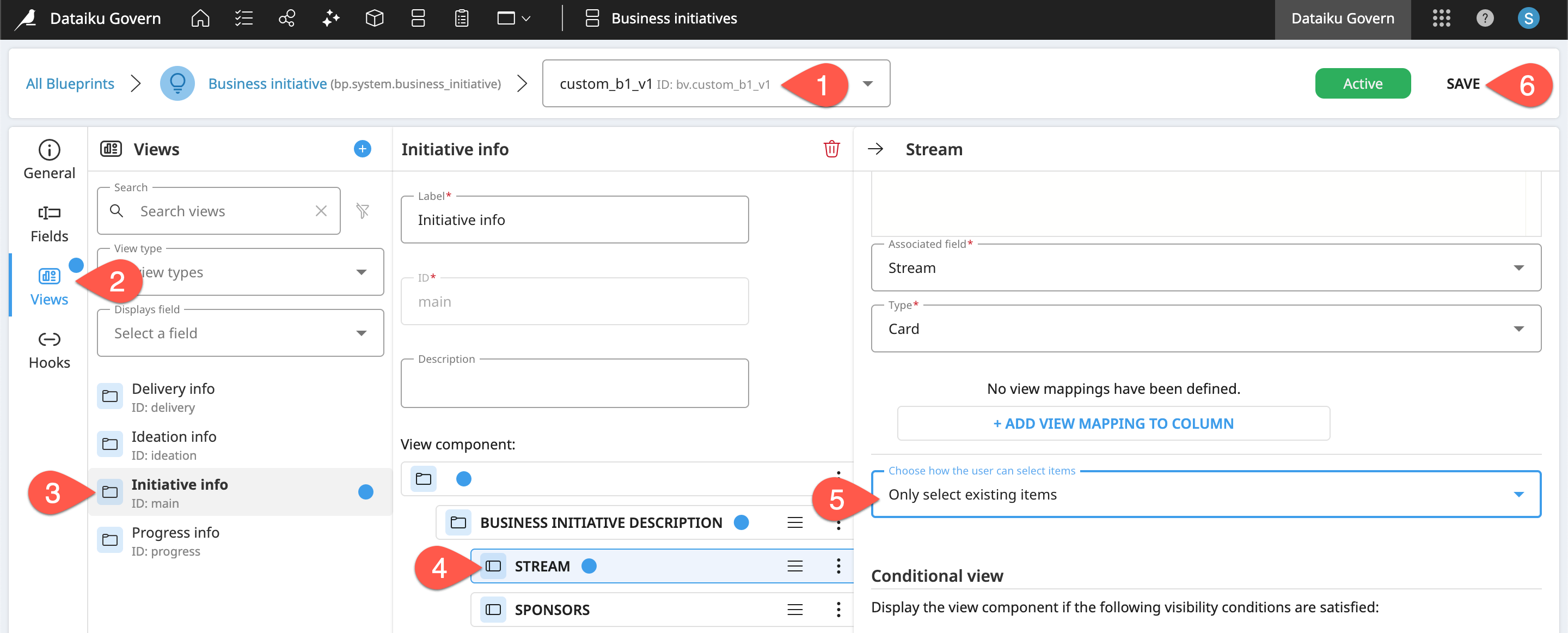 Dataiku screenshot of the view setting to only select existing items.