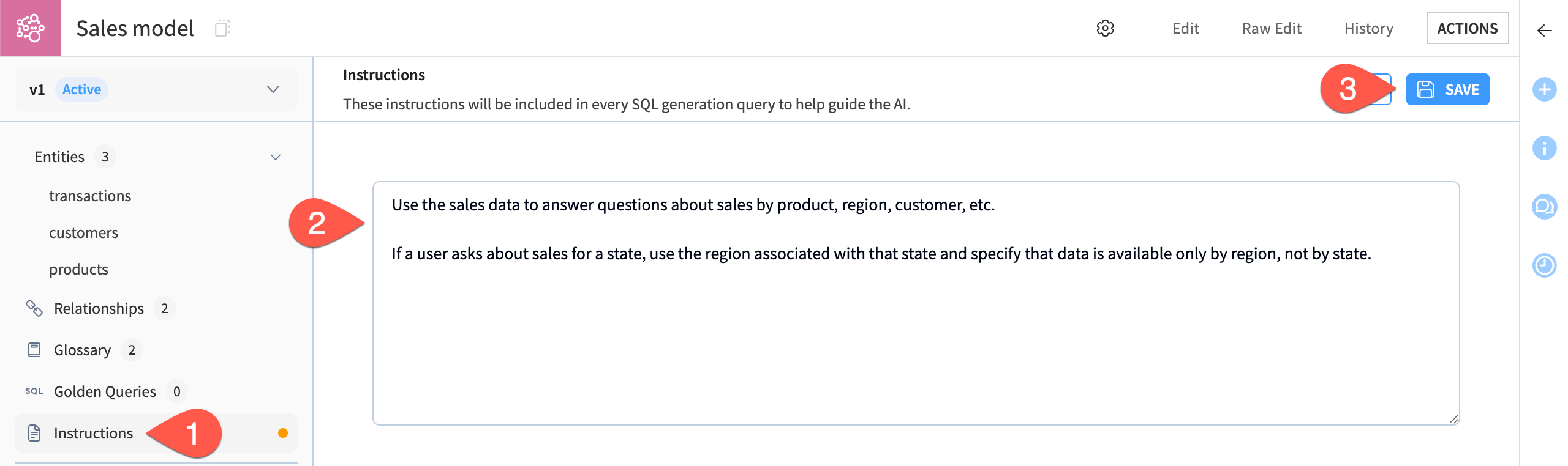 Screenshot showing steps to add instructions for an LLM to use the semantic model.