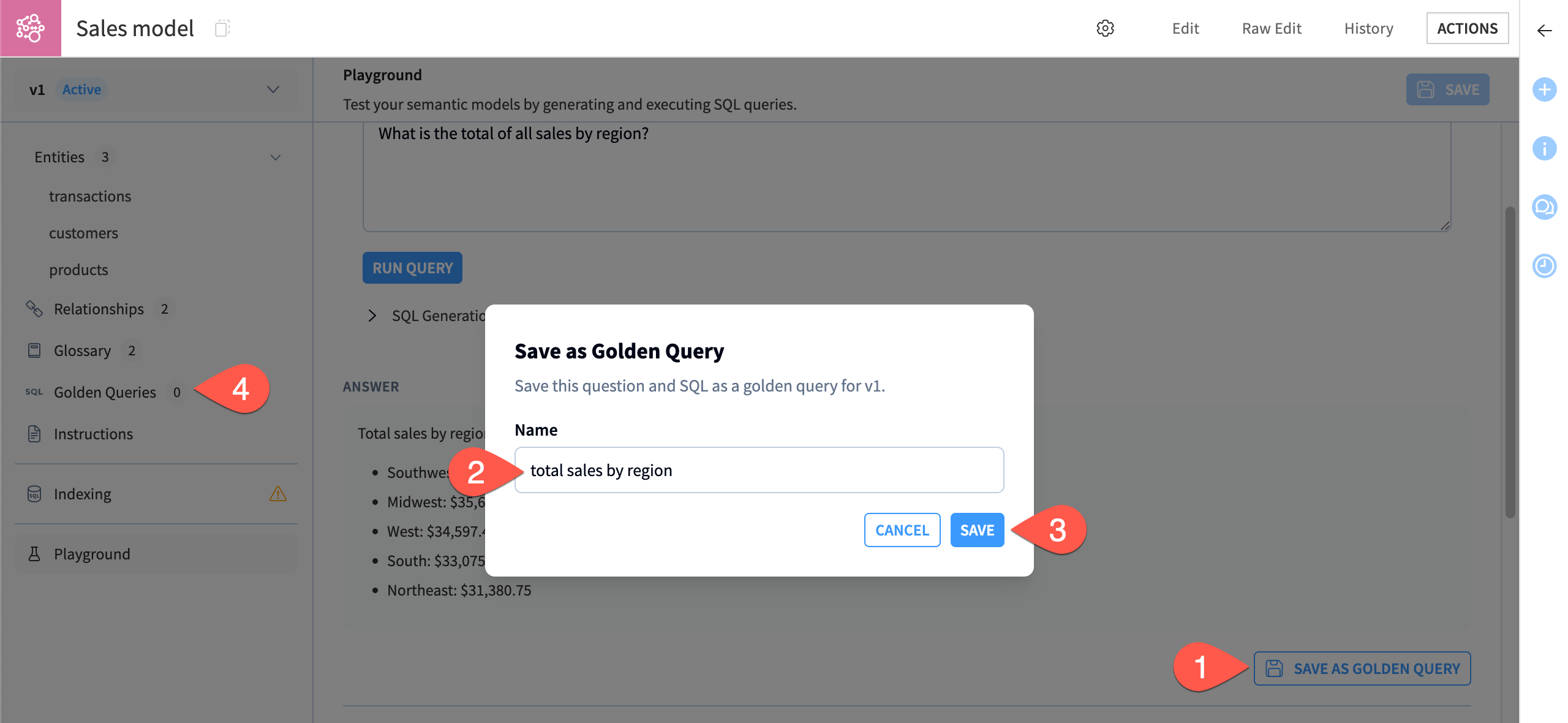 Screenshot showing steps to save a golden query in a semantic model.