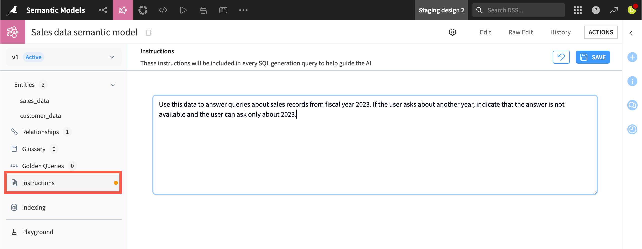 Screenshot of setting instructions for a semantic model.